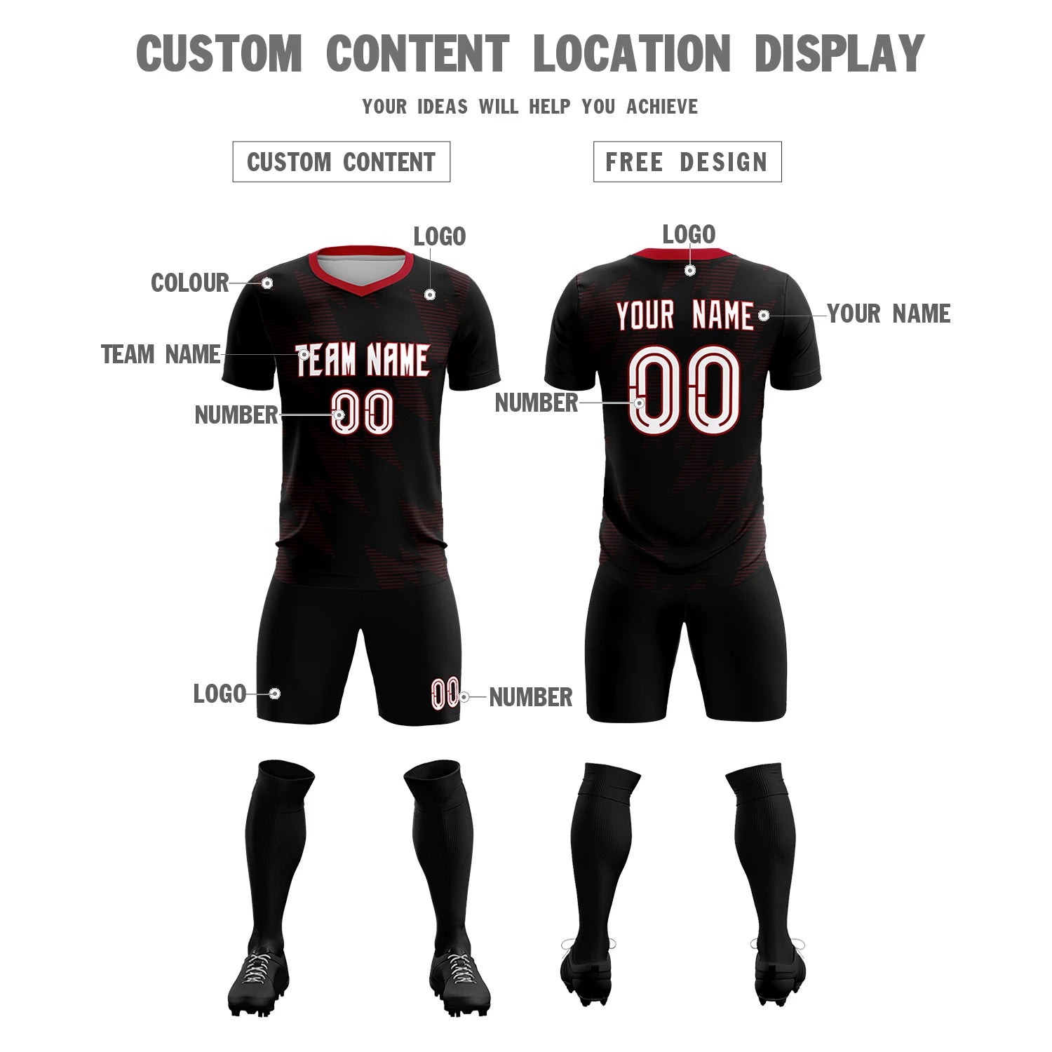 Custom Black Crimson Quick Dry Training Uniform Soccer Sets Jersey