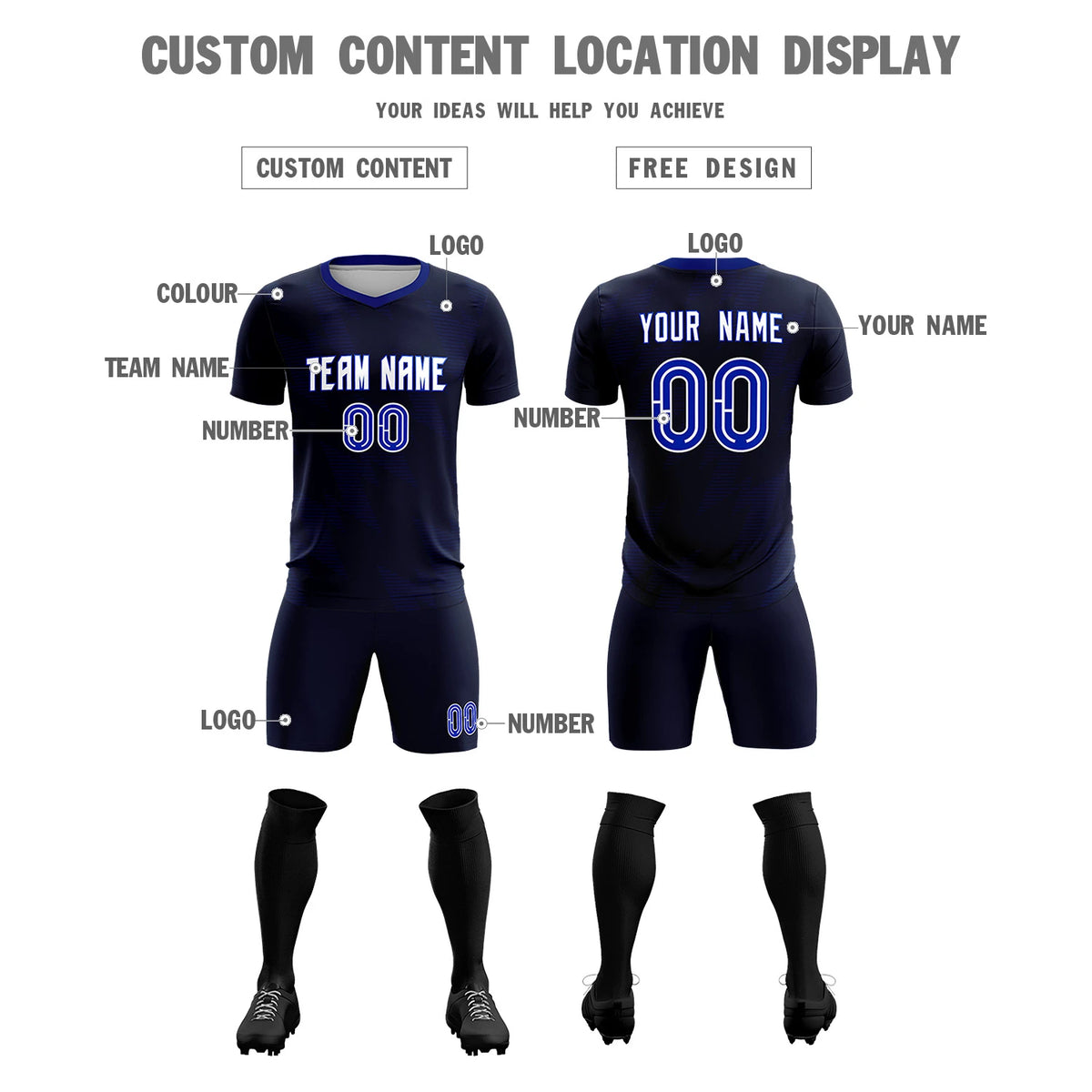 Custom Navy Royal Blue Quick Dry Training Uniform Soccer Sets Jersey