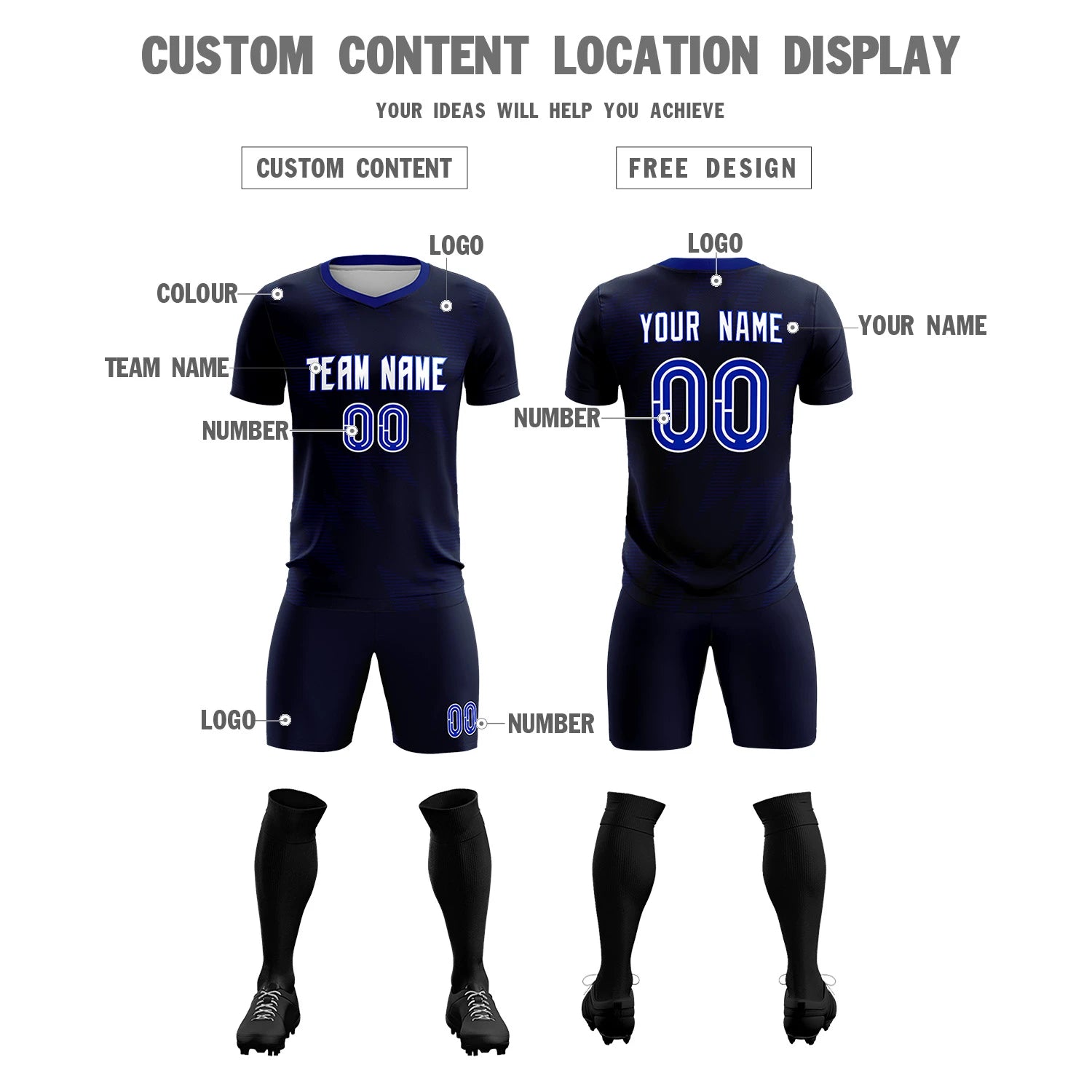 Custom Navy Royal Blue Quick Dry Training Uniform Soccer Sets Jersey
