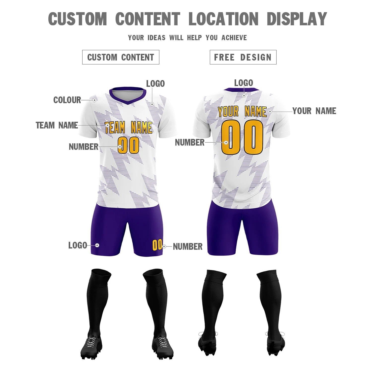 Custom White Purple Quick Dry Training Uniform Soccer Sets Jersey