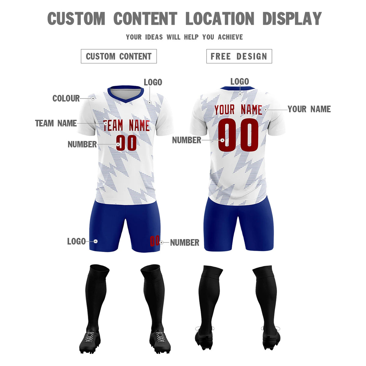 Custom White Royal Blue Quick Dry Training Uniform Soccer Sets Jersey