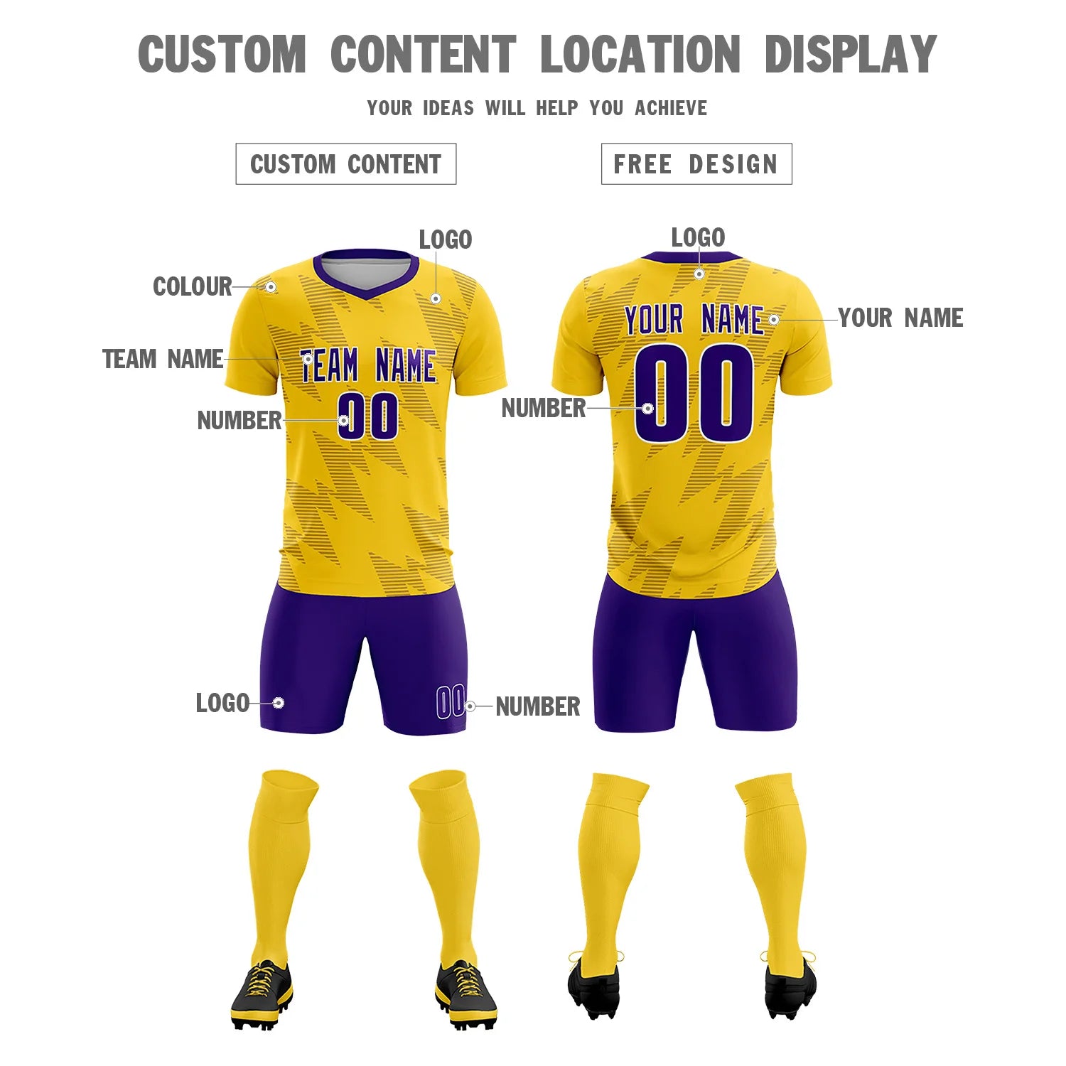 Custom Yellow Purple Quick Dry Training Uniform Soccer Sets Jersey