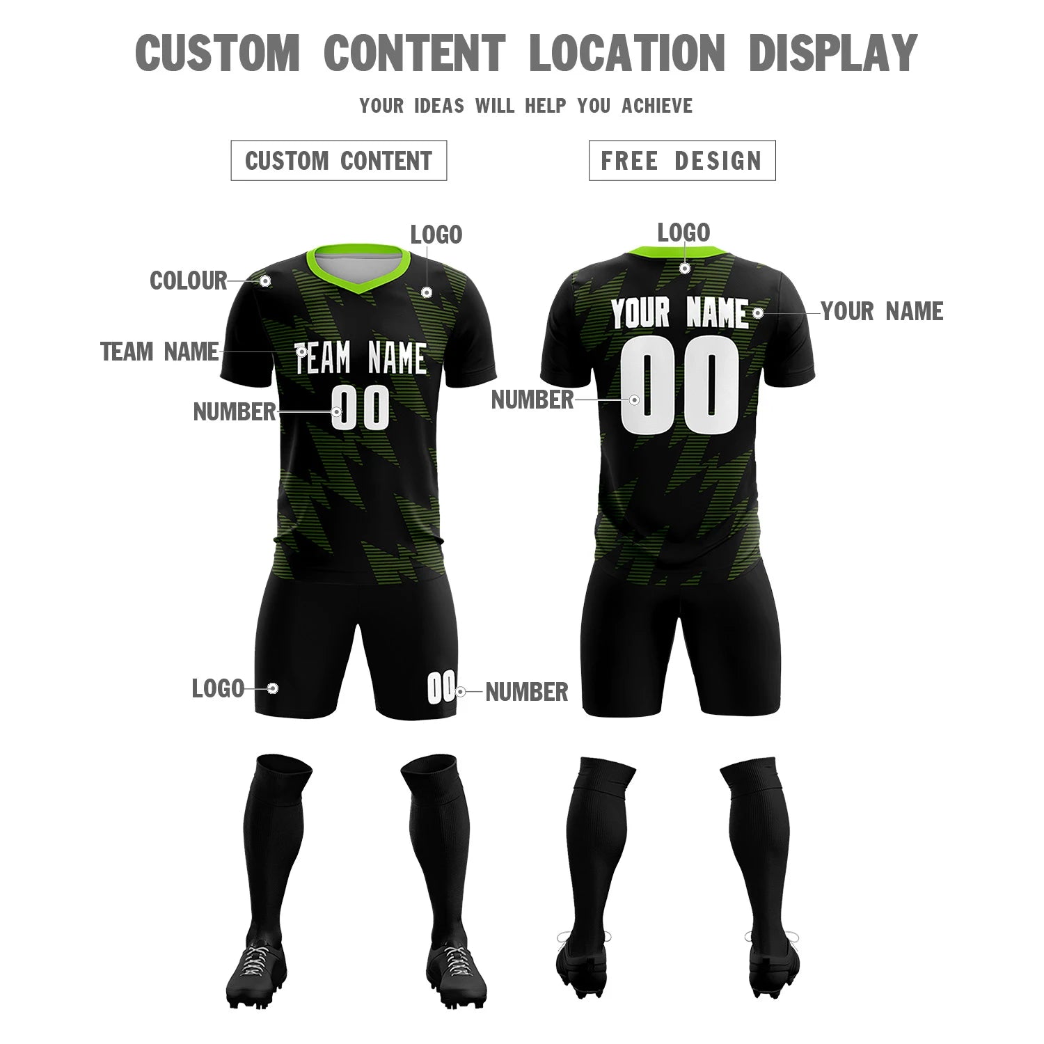 Custom Black Neon Green Quick Dry Training Uniform Soccer Sets Jersey