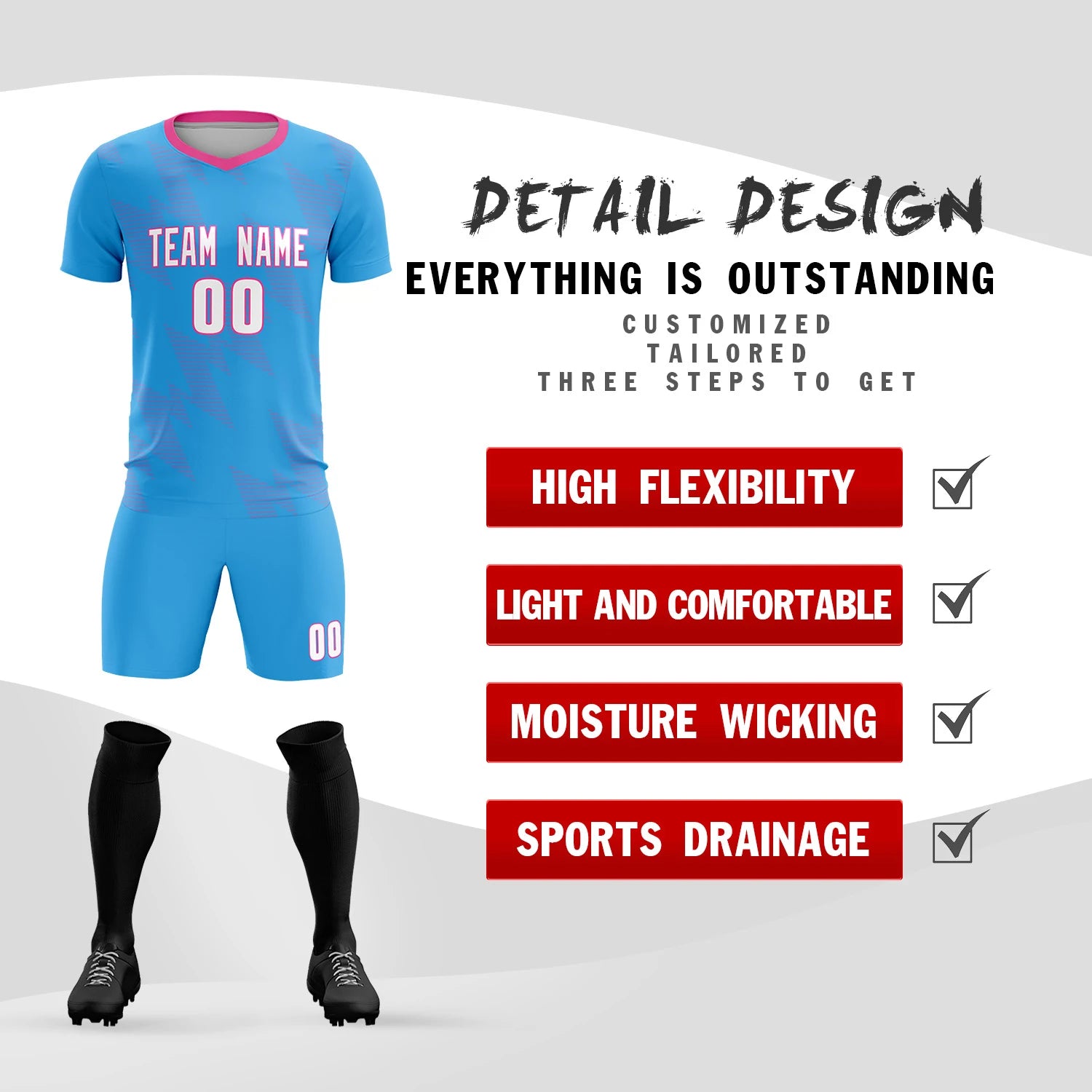 Custom Light Blue Pink Quick Dry Training Uniform Soccer Sets Jersey