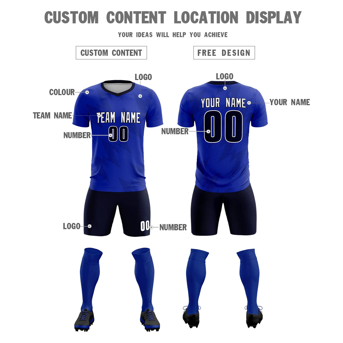 Custom Royal Blue Navy Quick Dry Training Uniform Soccer Sets Jersey