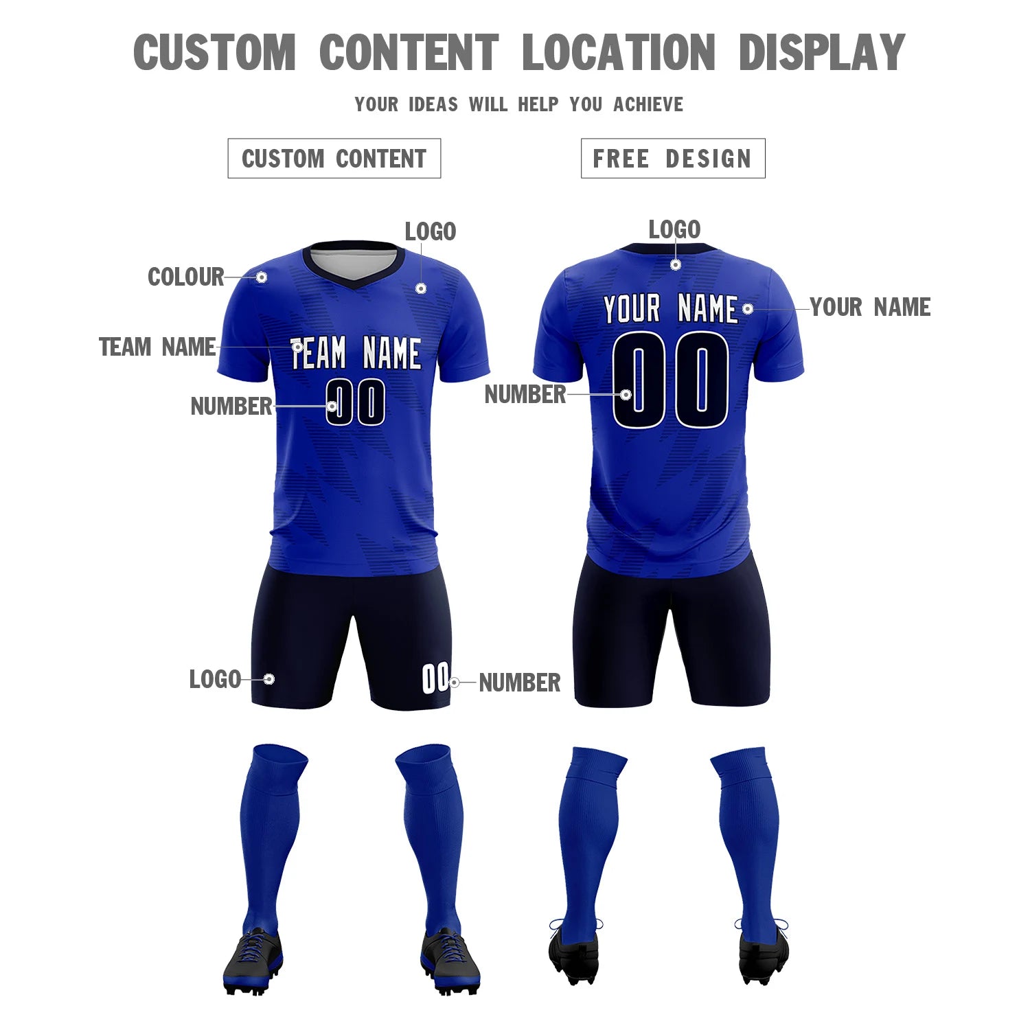 Custom Royal Blue Navy Quick Dry Training Uniform Soccer Sets Jersey