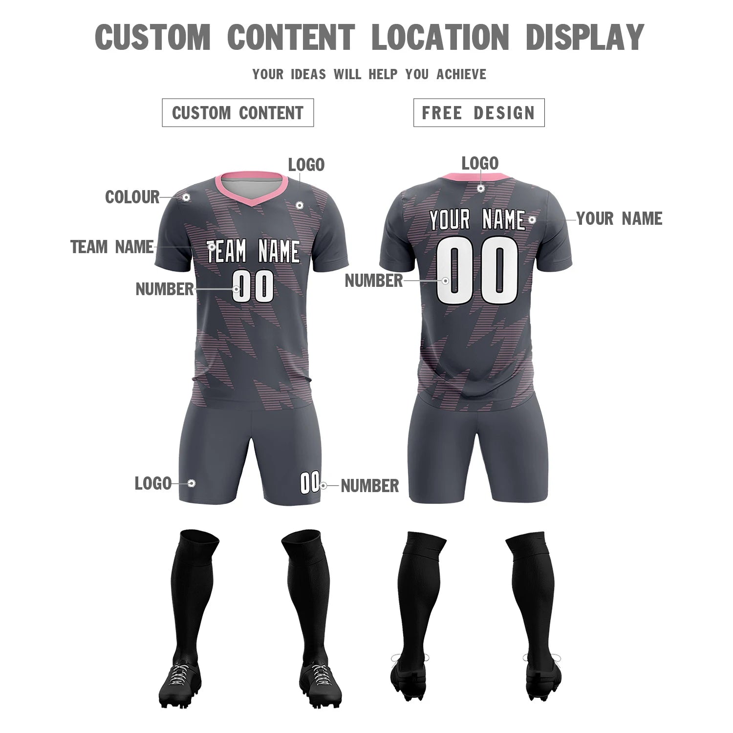 Custom Gray Light PiNK Quick Dry Training Uniform Soccer Sets Jersey