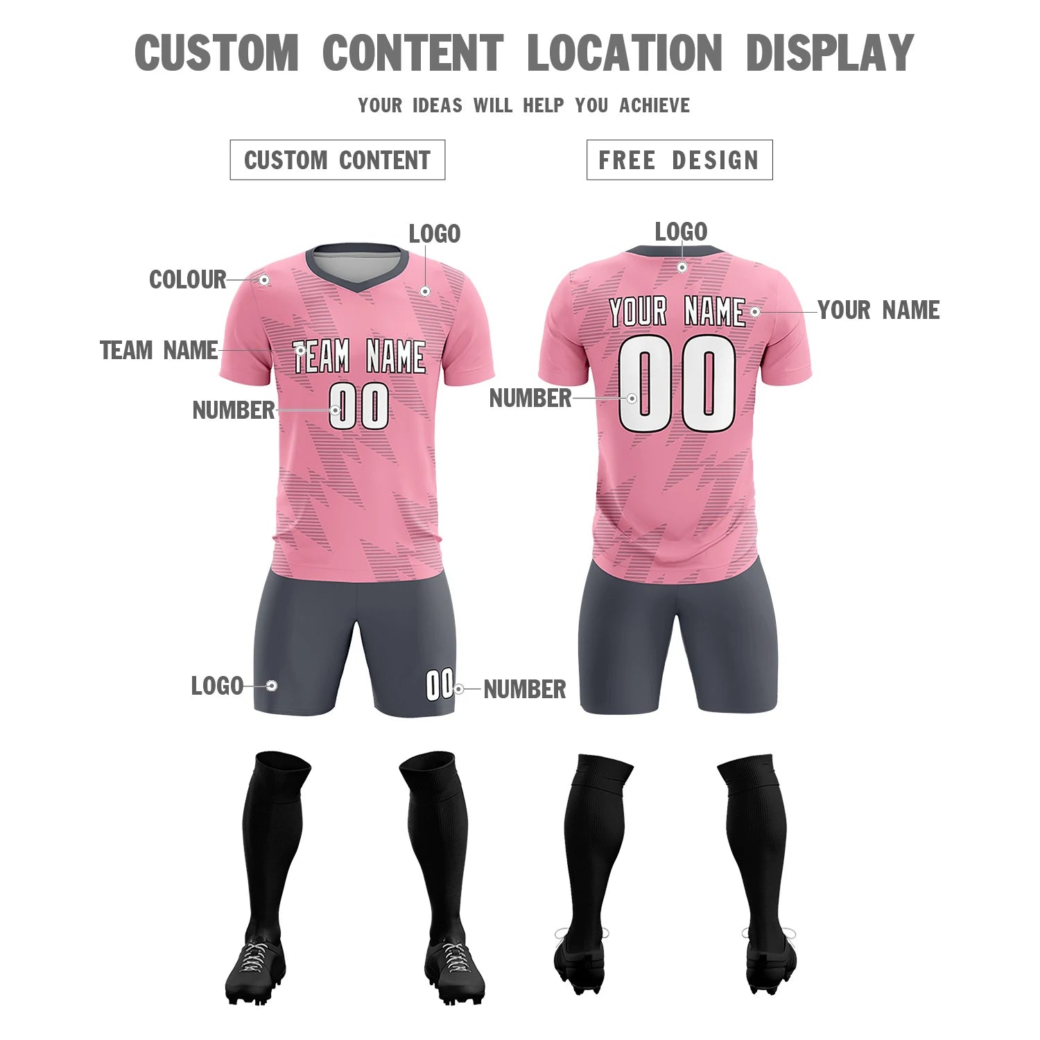 Custom Light Pink Gray Quick Dry Training Uniform Soccer Sets Jersey