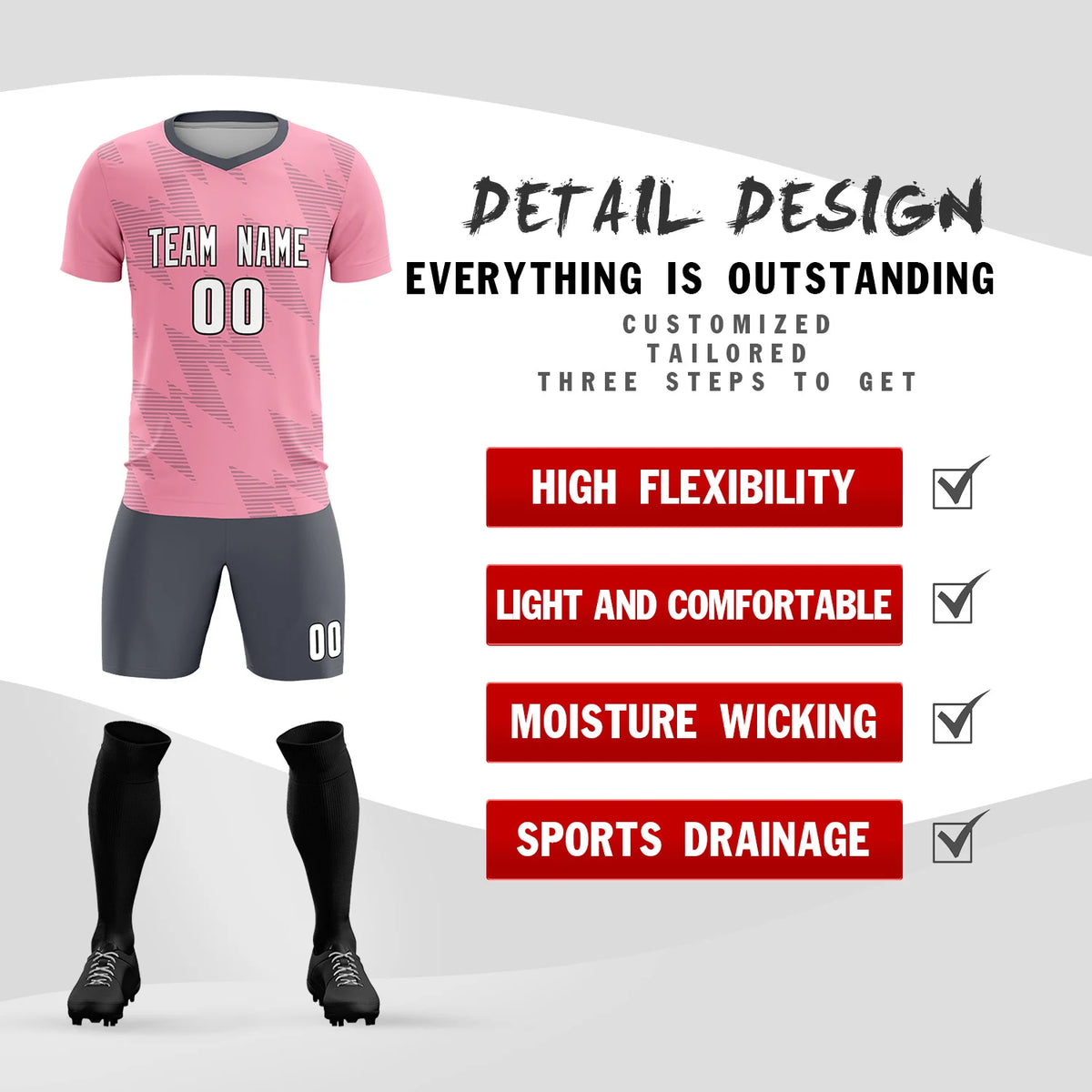 Custom Light Pink Gray Quick Dry Training Uniform Soccer Sets Jersey