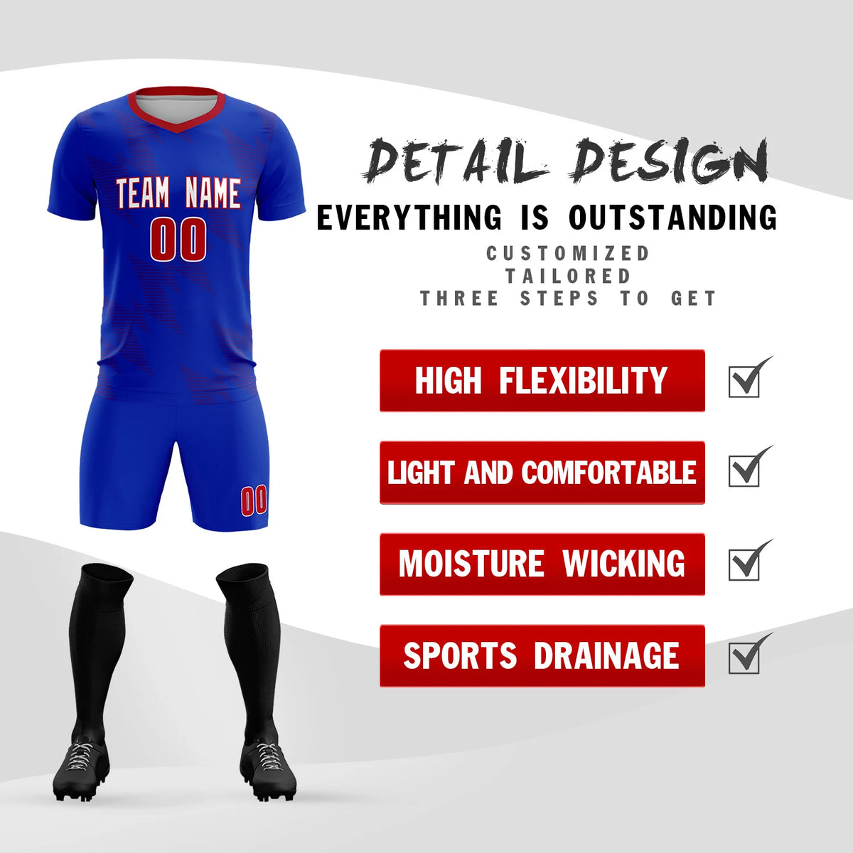 Custom Royal Blue Black Quick Dry Training Uniform Soccer Sets Jersey