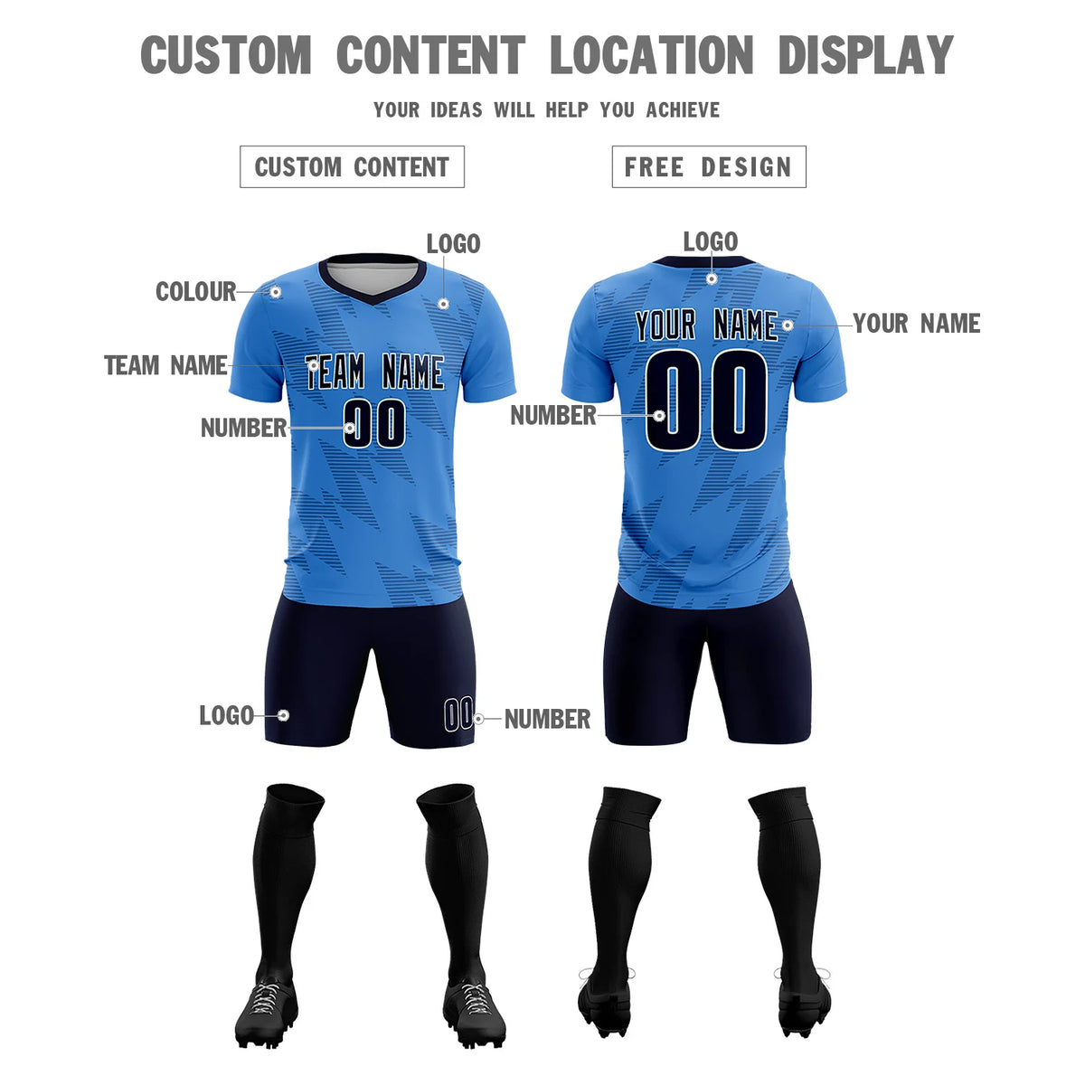 Custom Powder Blue Navy Quick Dry Training Uniform Soccer Sets Jersey