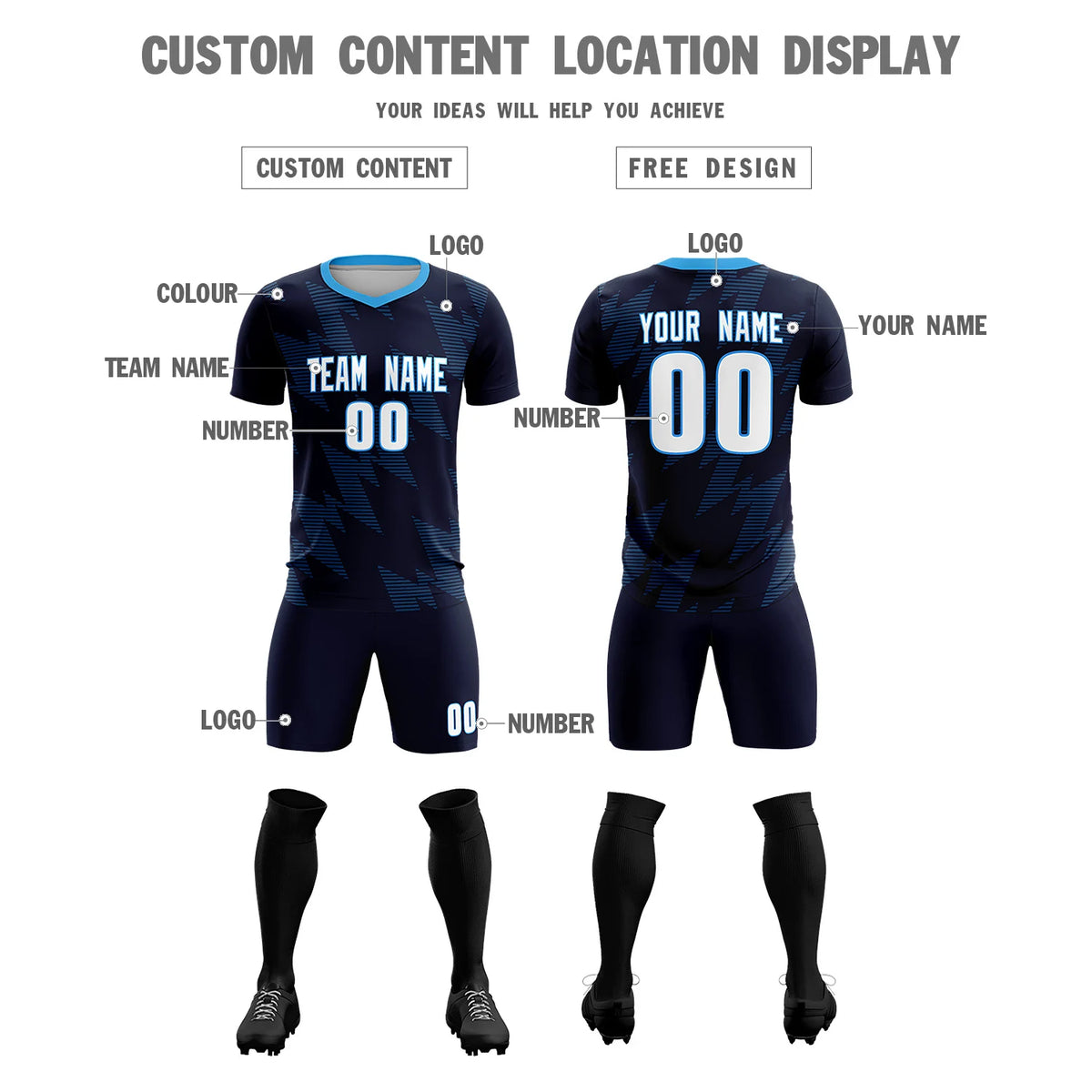 Custom Navy Black Quick Dry Training Uniform Soccer Sets Jersey