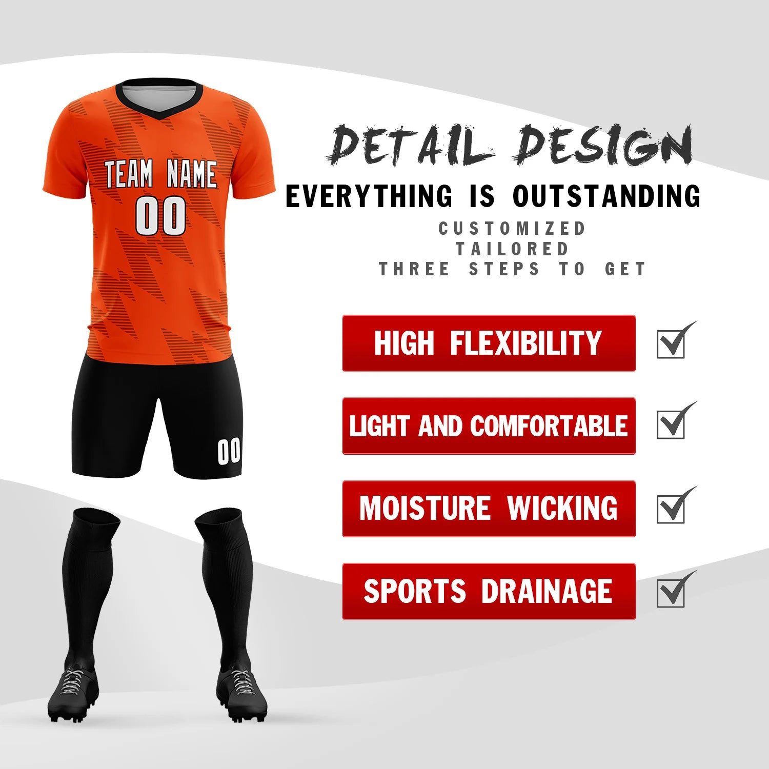 Custom Orange Black Quick Dry Training Uniform Soccer Sets Jersey