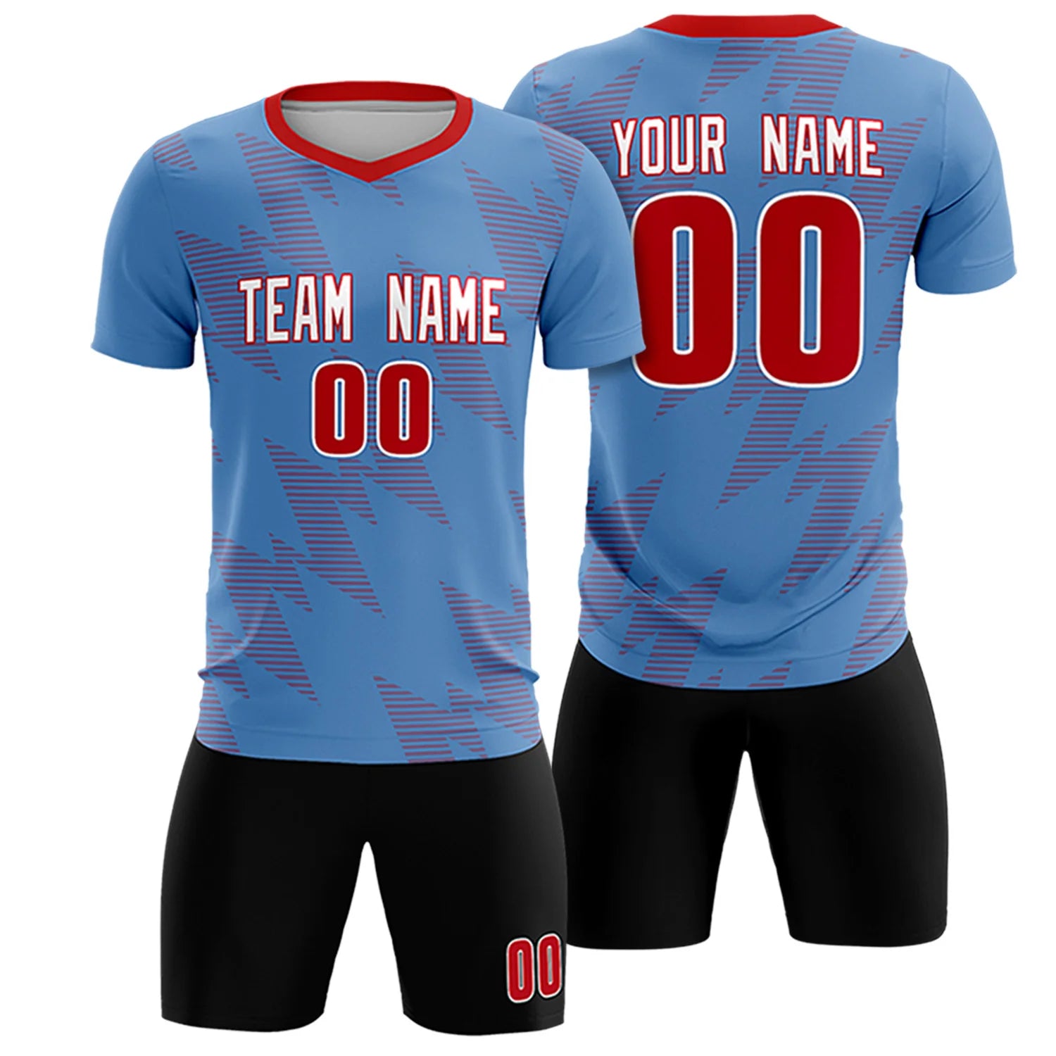 Custom Powder Blue Red Quick Dry Training Uniform Soccer Sets Jersey