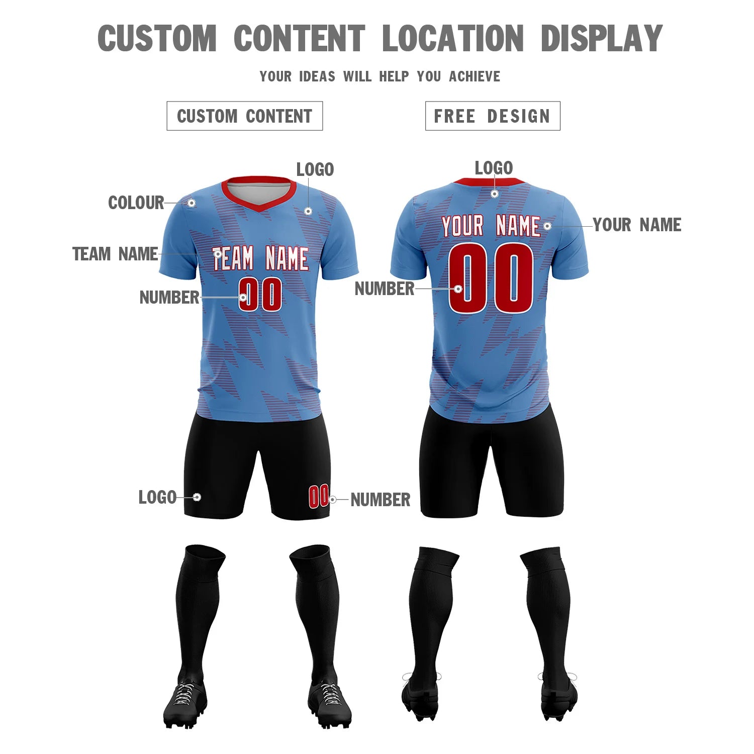 Custom Powder Blue Red Quick Dry Training Uniform Soccer Sets Jersey