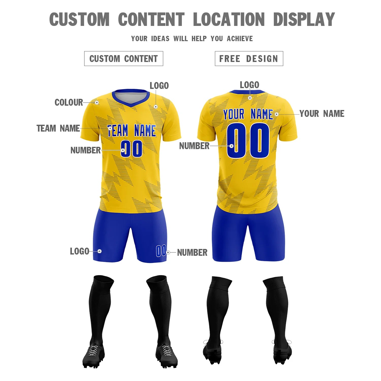 Custom Gold01 Royal Blue Quick Dry Training Uniform Soccer Sets Jersey