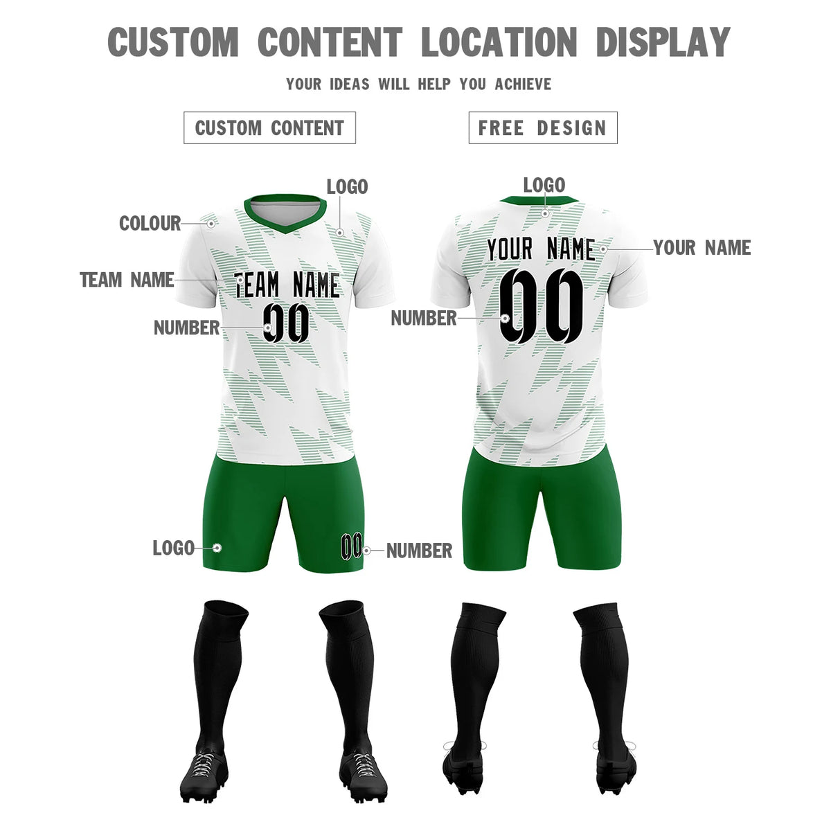Custom White Kelly Green Quick Dry Training Uniform Soccer Sets Jersey