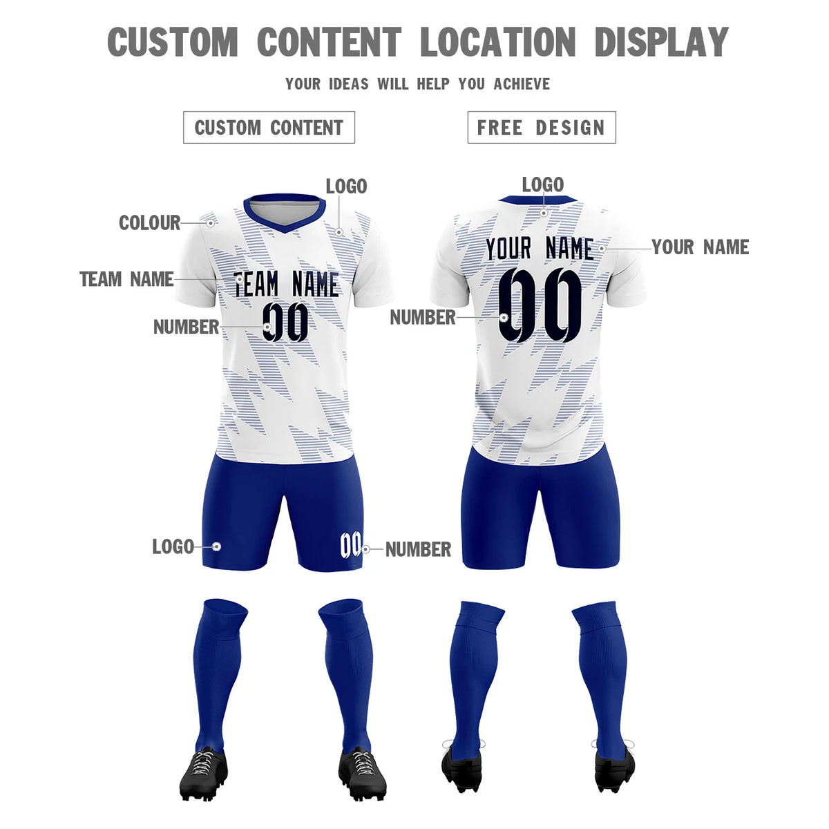 Custom White Royal Blue Quick Dry Training Uniform Soccer Sets Jersey