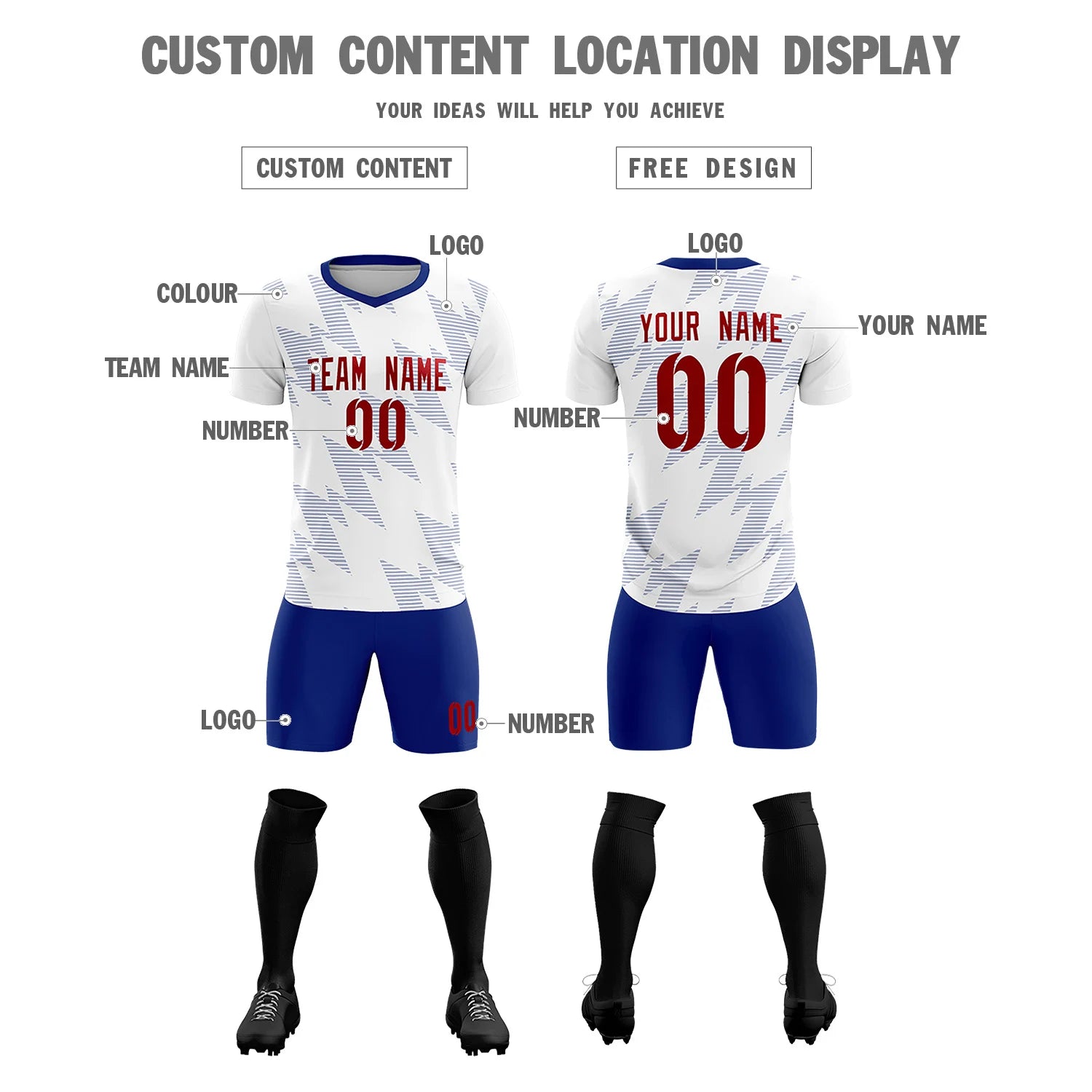 Custom White Royal Blue Quick Dry Training Uniform Soccer Sets Jersey