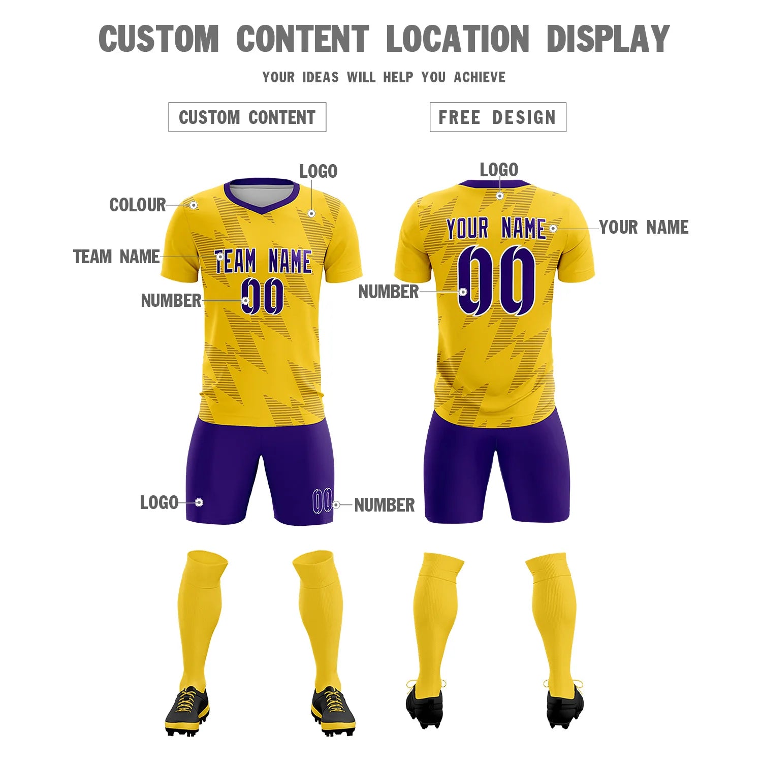 Custom Yellow Purple Quick Dry Training Uniform Soccer Sets Jersey