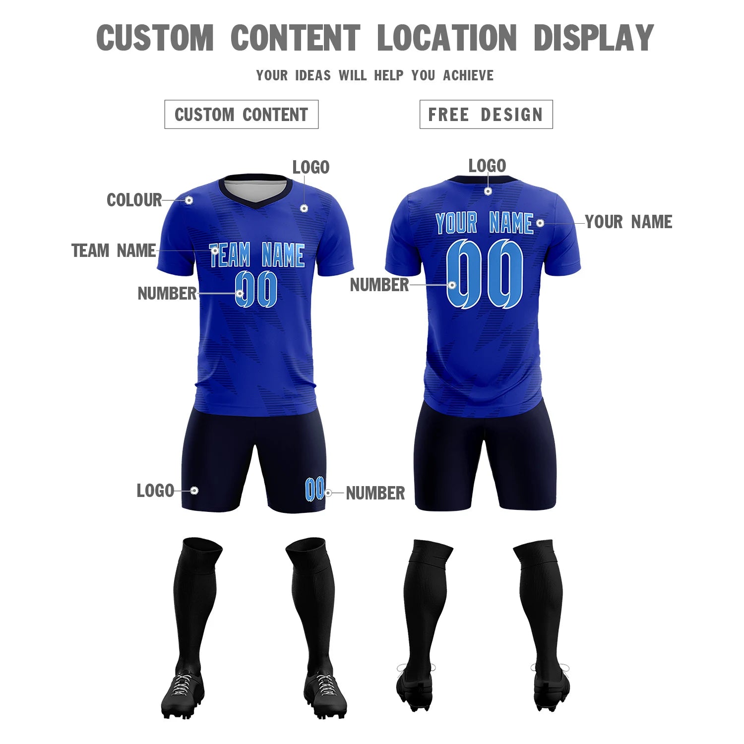 Custom Royal Blue Navy Quick Dry Training Uniform Soccer Sets Jersey