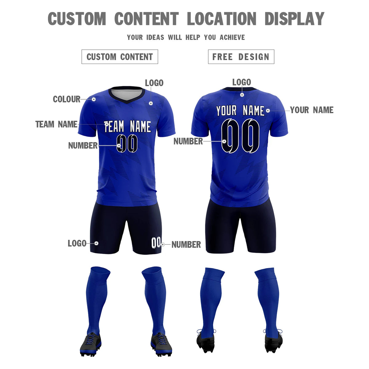 Custom Royal Blue Navy Quick Dry Training Uniform Soccer Sets Jersey