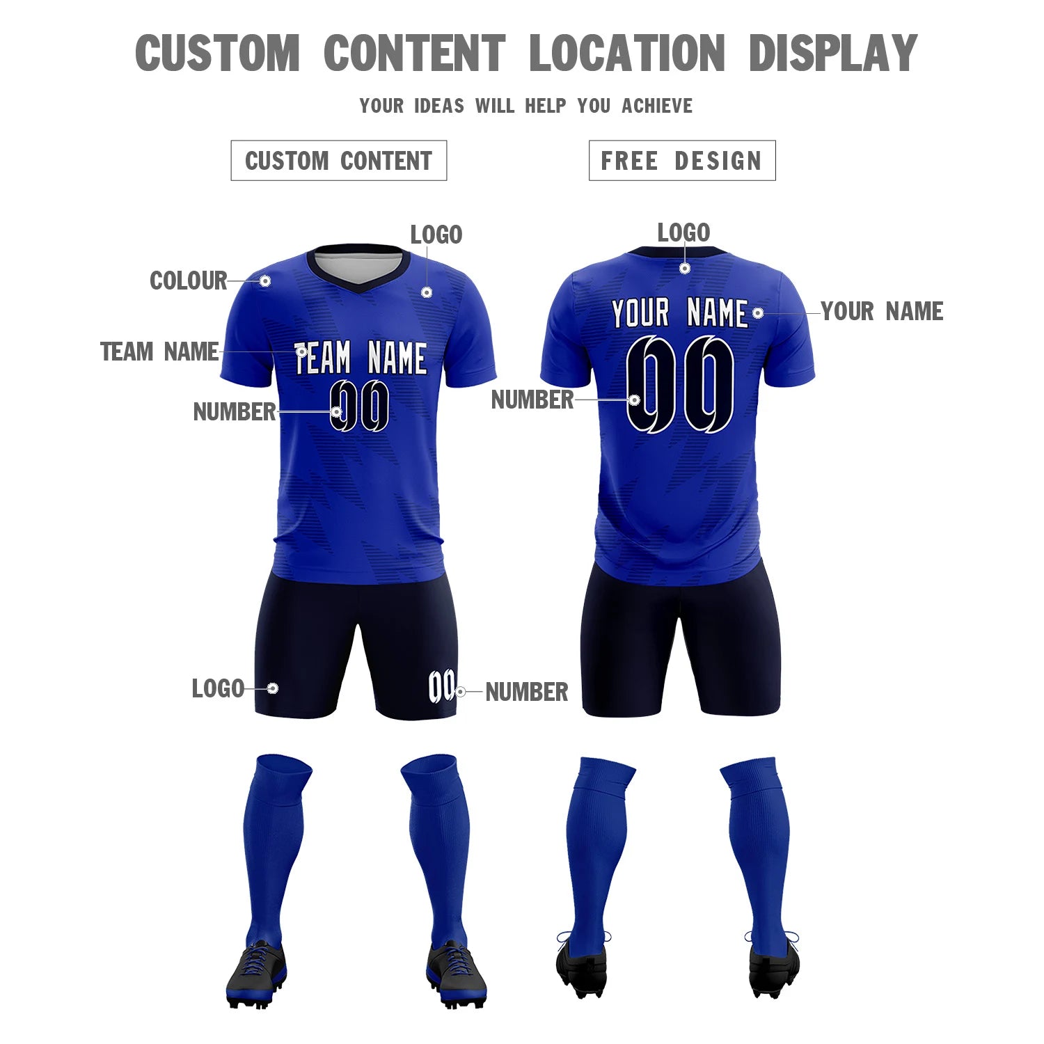 Custom Royal Blue Navy Quick Dry Training Uniform Soccer Sets Jersey