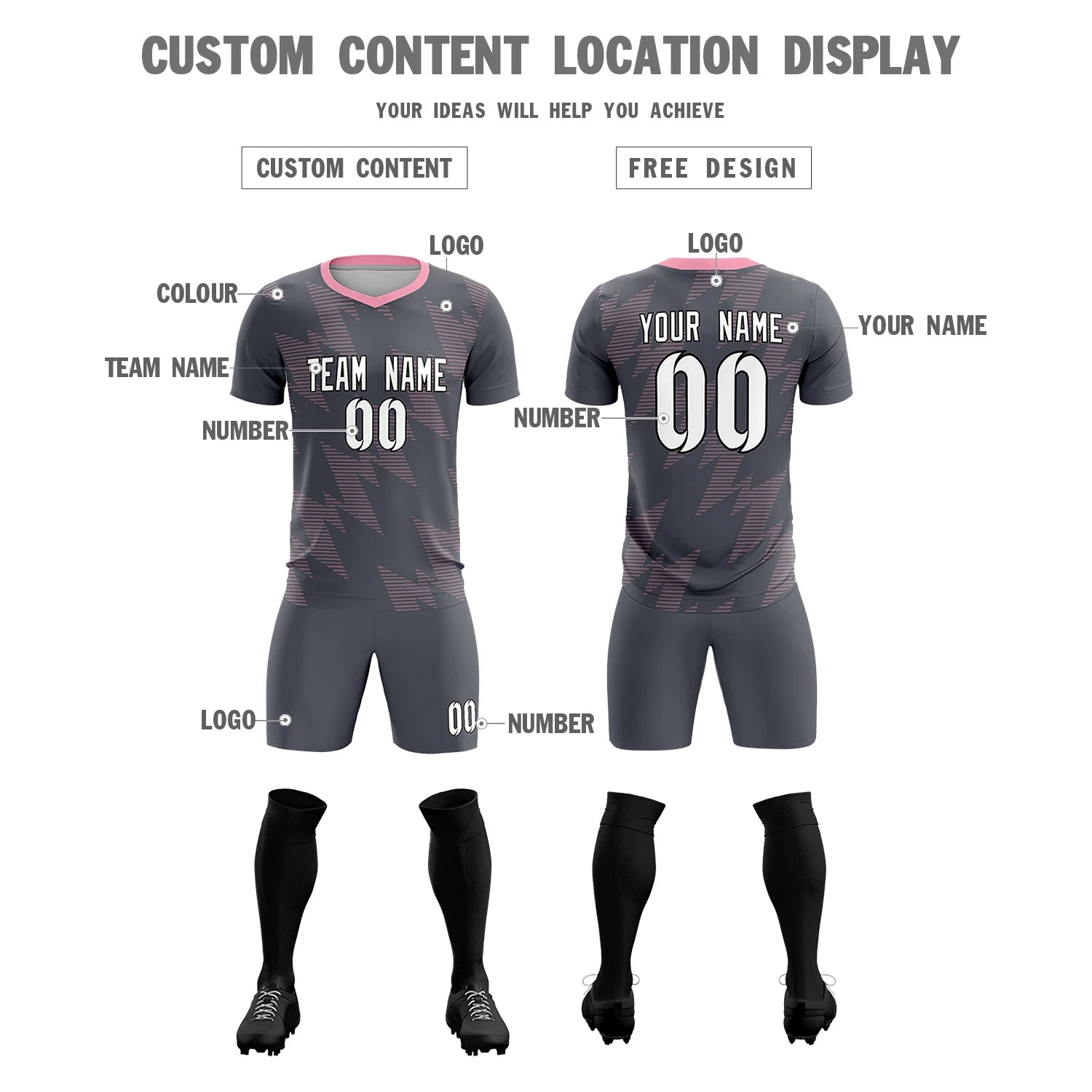 Custom Gray Light PiNK Quick Dry Training Uniform Soccer Sets Jersey