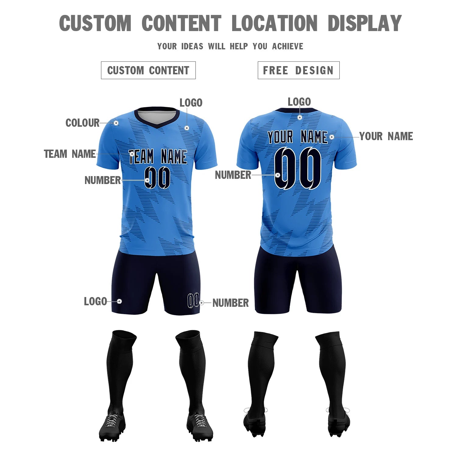 Custom Powder Blue Navy Quick Dry Training Uniform Soccer Sets Jersey