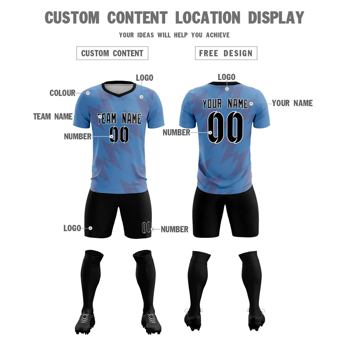 Custom Powder Blue Red Quick Dry Training Uniform Soccer Sets Jersey