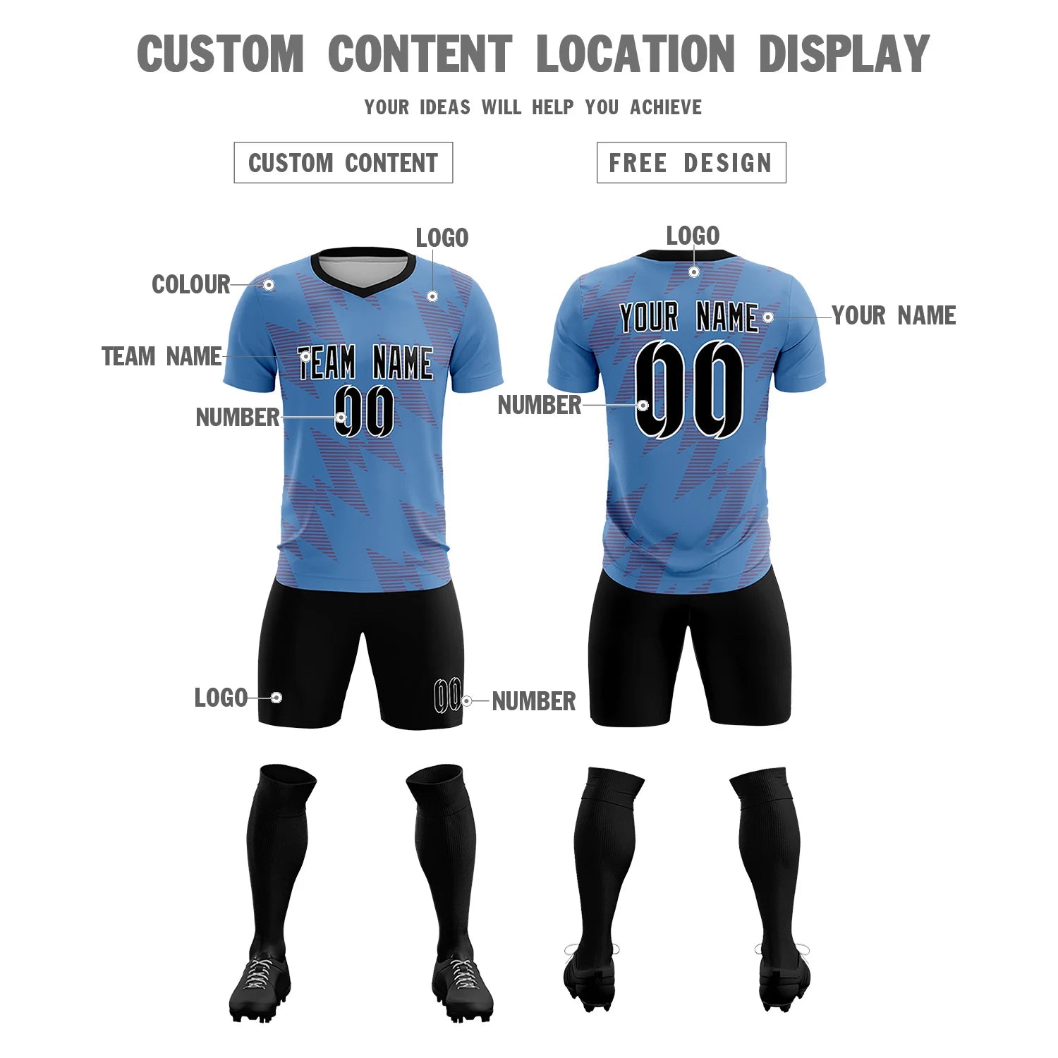 Custom Powder Blue Red Quick Dry Training Uniform Soccer Sets Jersey