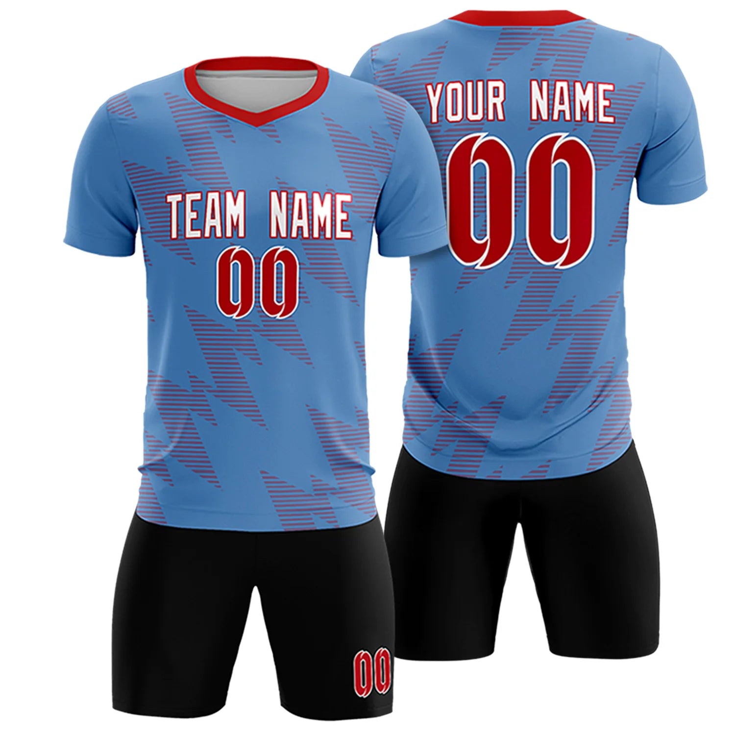 Custom Powder Blue Red Quick Dry Training Uniform Soccer Sets Jersey