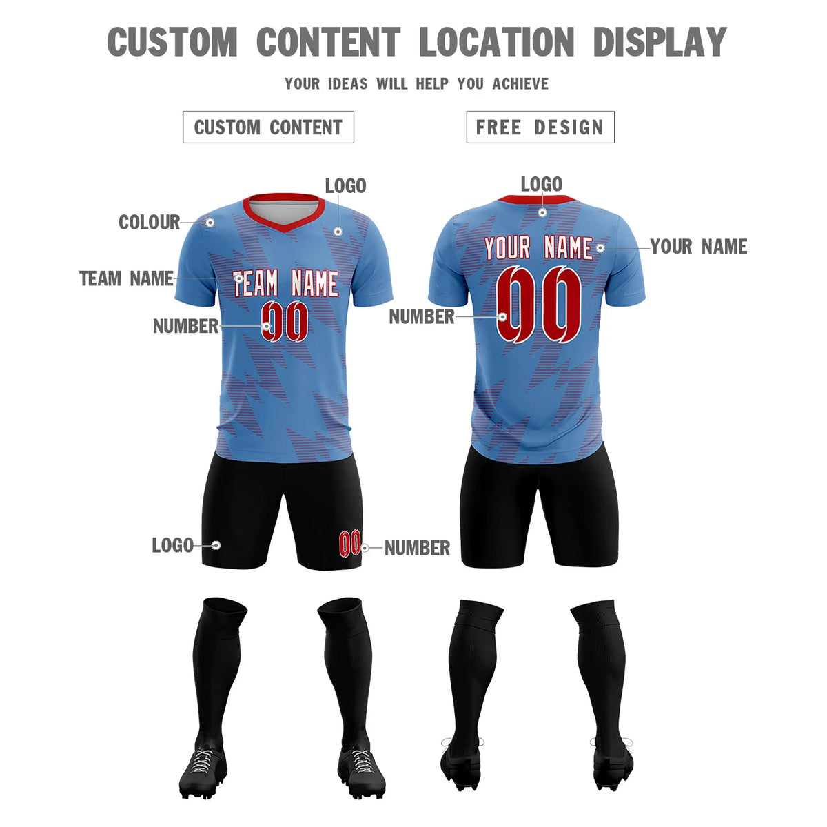 Custom Powder Blue Red Quick Dry Training Uniform Soccer Sets Jersey