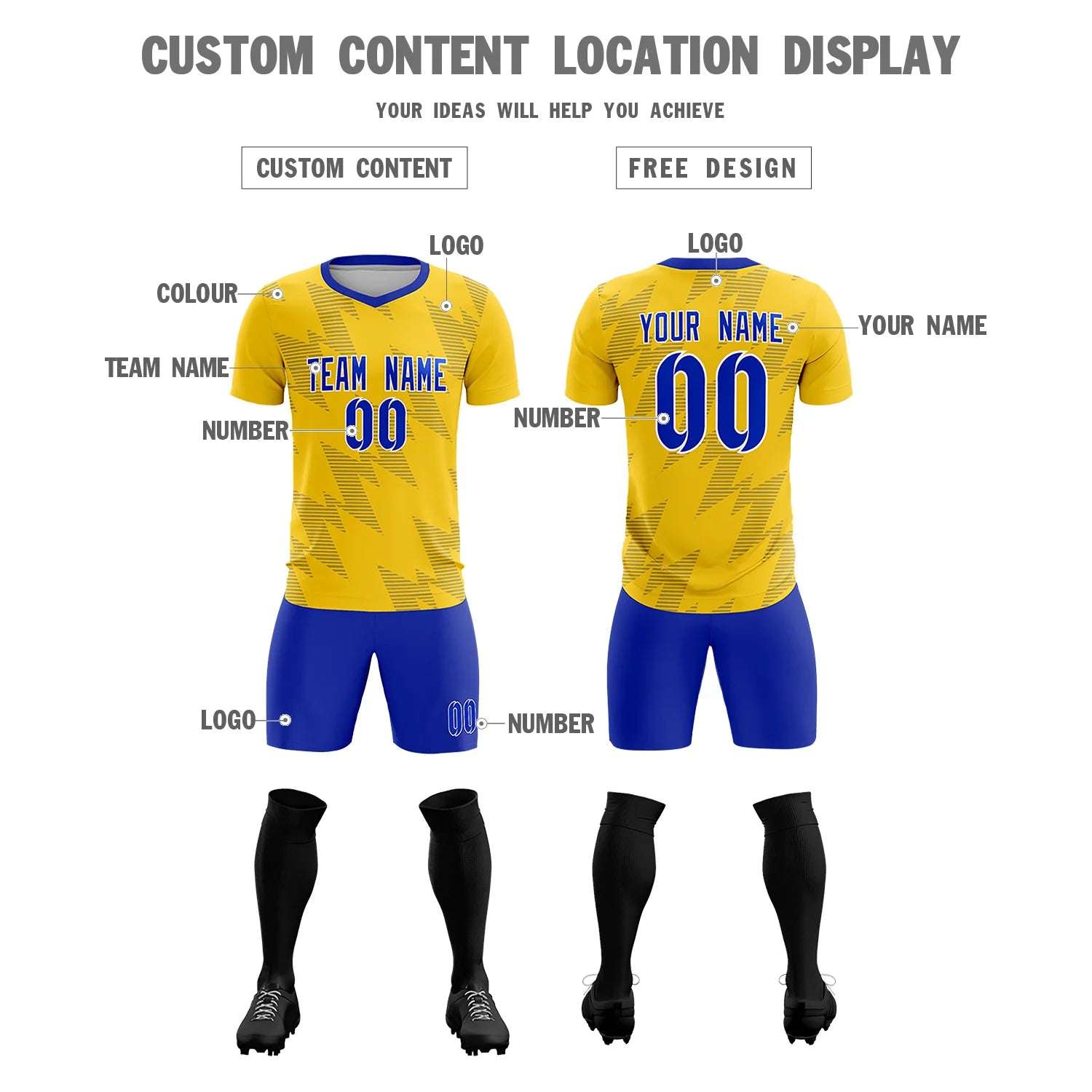 Custom Gold01 Royal Blue Quick Dry Training Uniform Soccer Sets Jersey