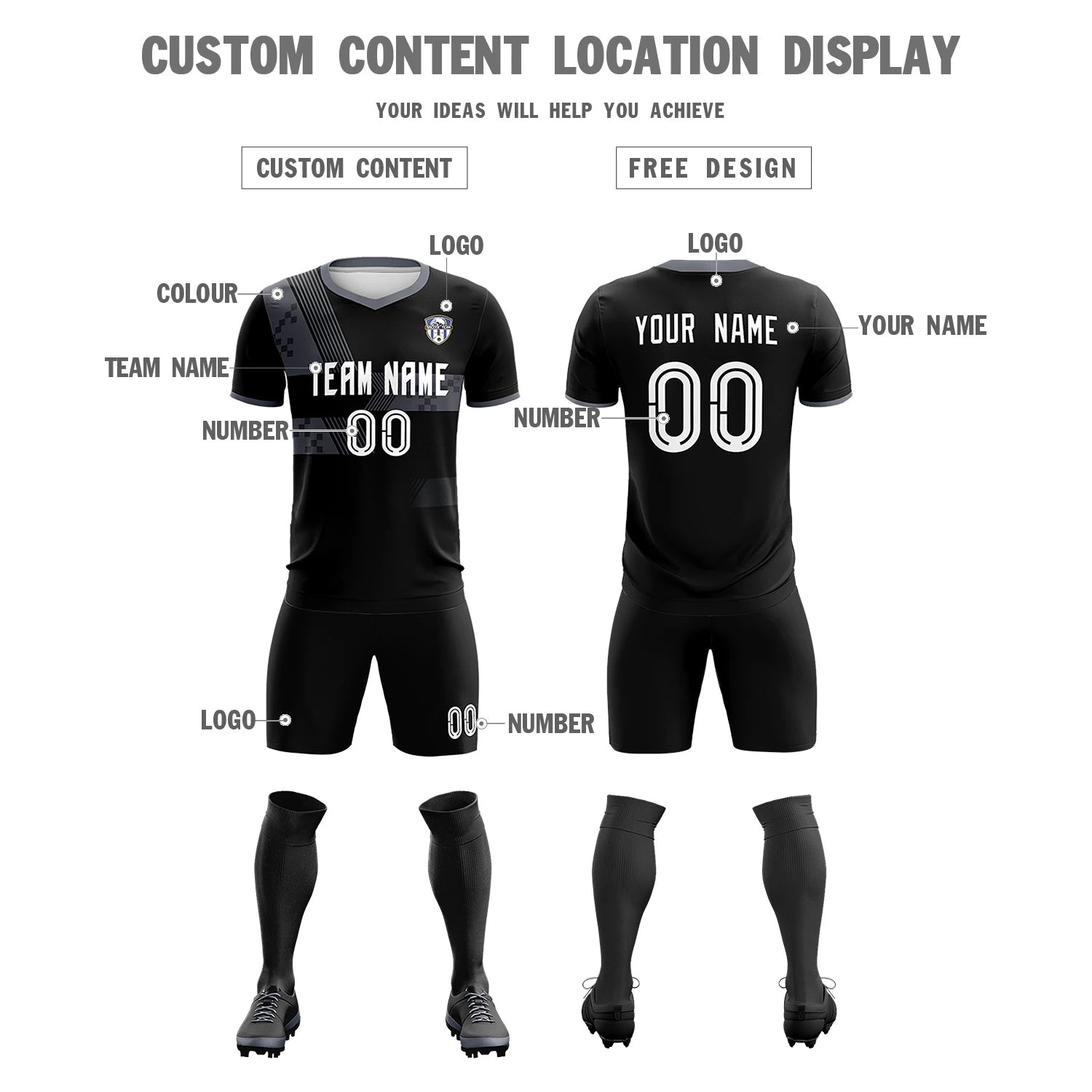 Custom Black Gray Training Uniform For Men Soccer Sets Jersey