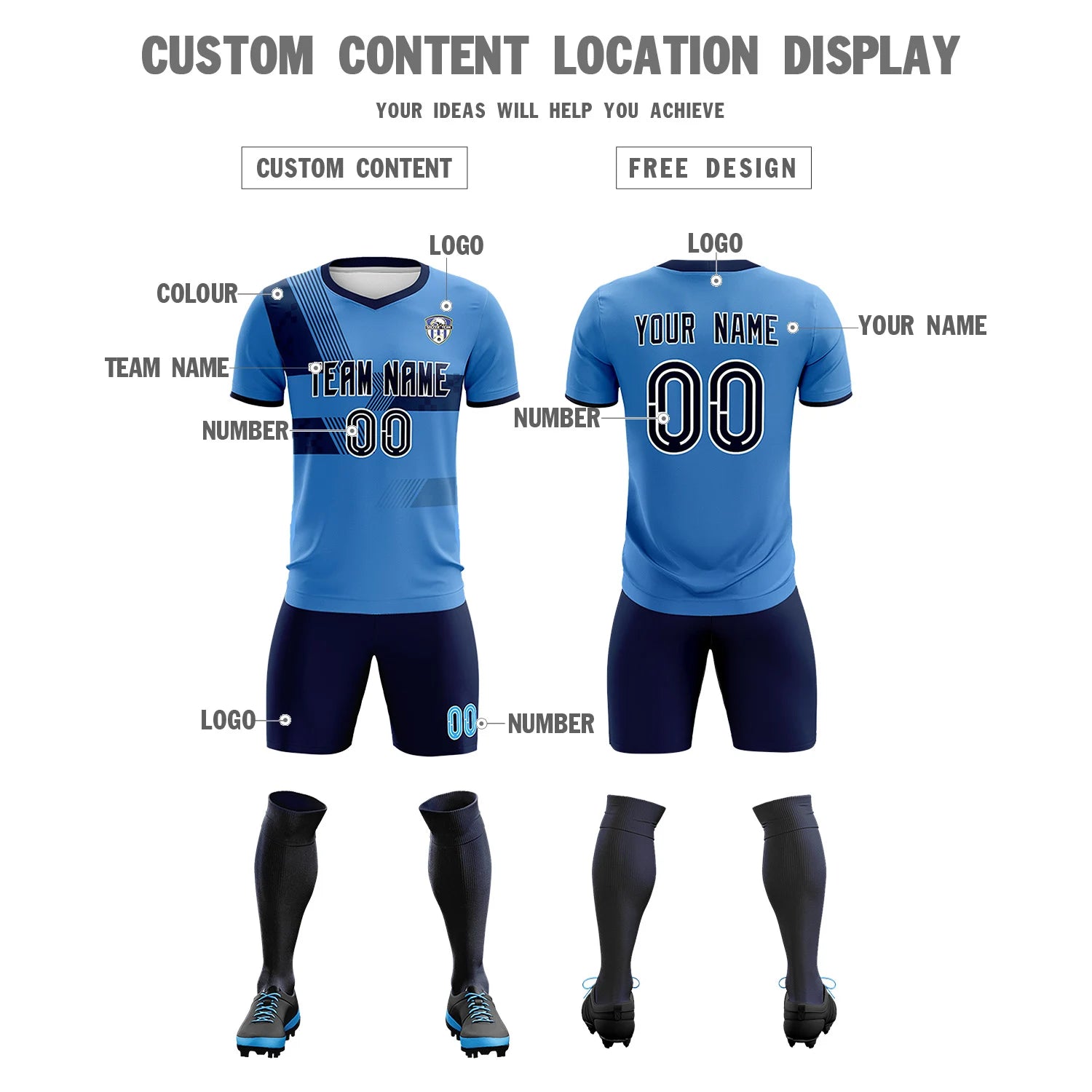 Custom Powder Blue Navy Training Uniform For Men Soccer Sets Jersey