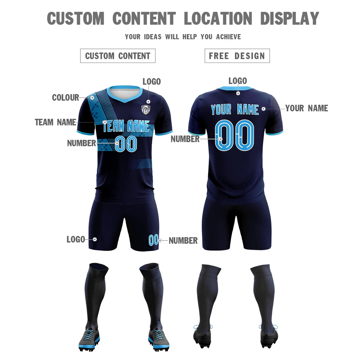 Custom Navy Powder Blue Training Uniform For Men Soccer Sets Jersey