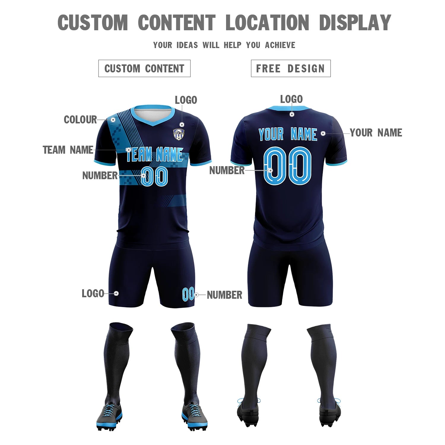 Custom Navy Powder Blue Training Uniform For Men Soccer Sets Jersey
