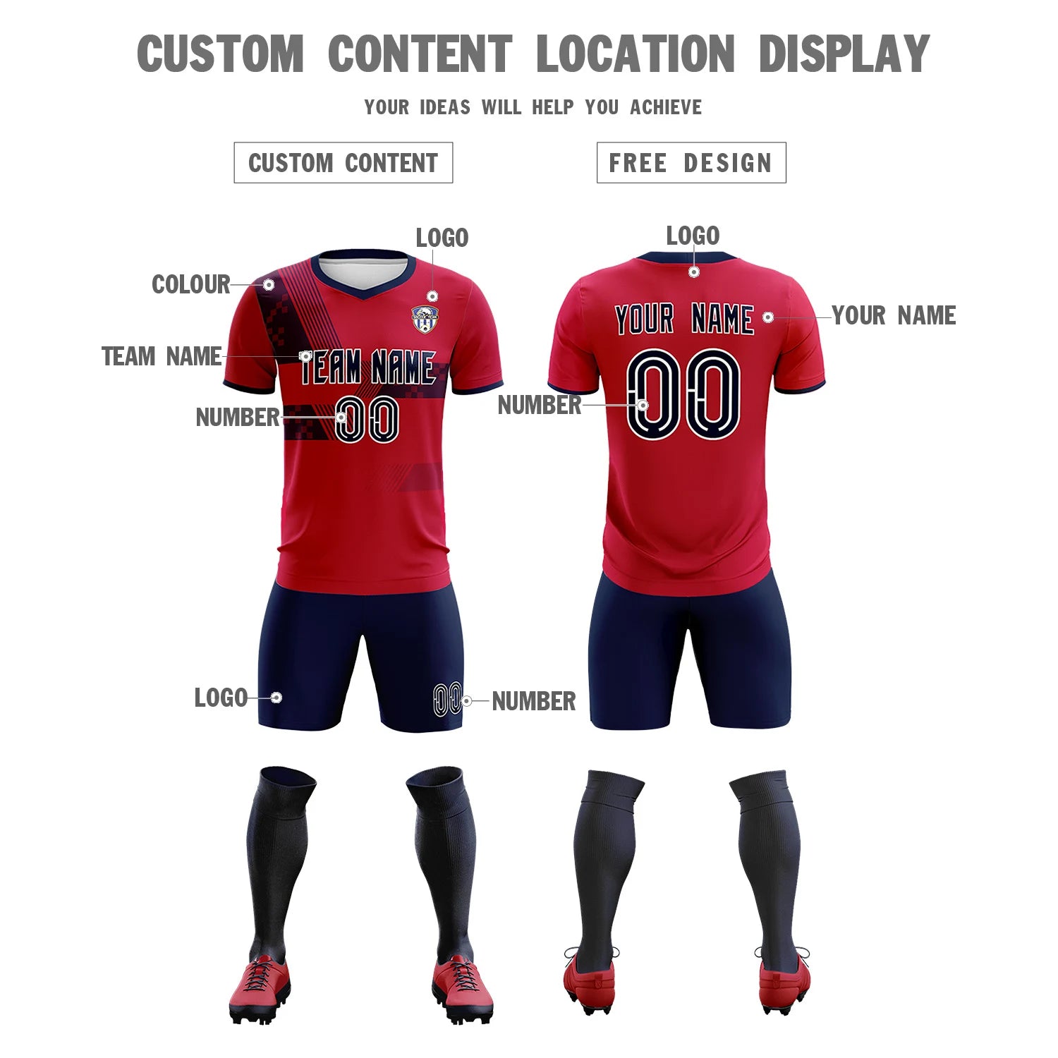 Custom Red Navy Training Uniform For Men Soccer Sets Jersey