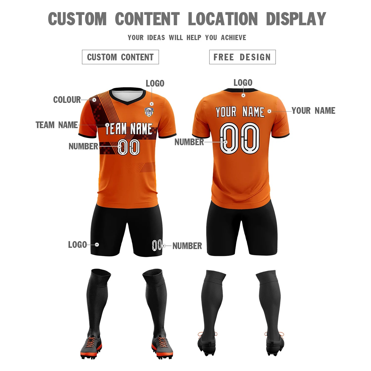 Custom Orange Black Training Uniform For Men Soccer Sets Jersey