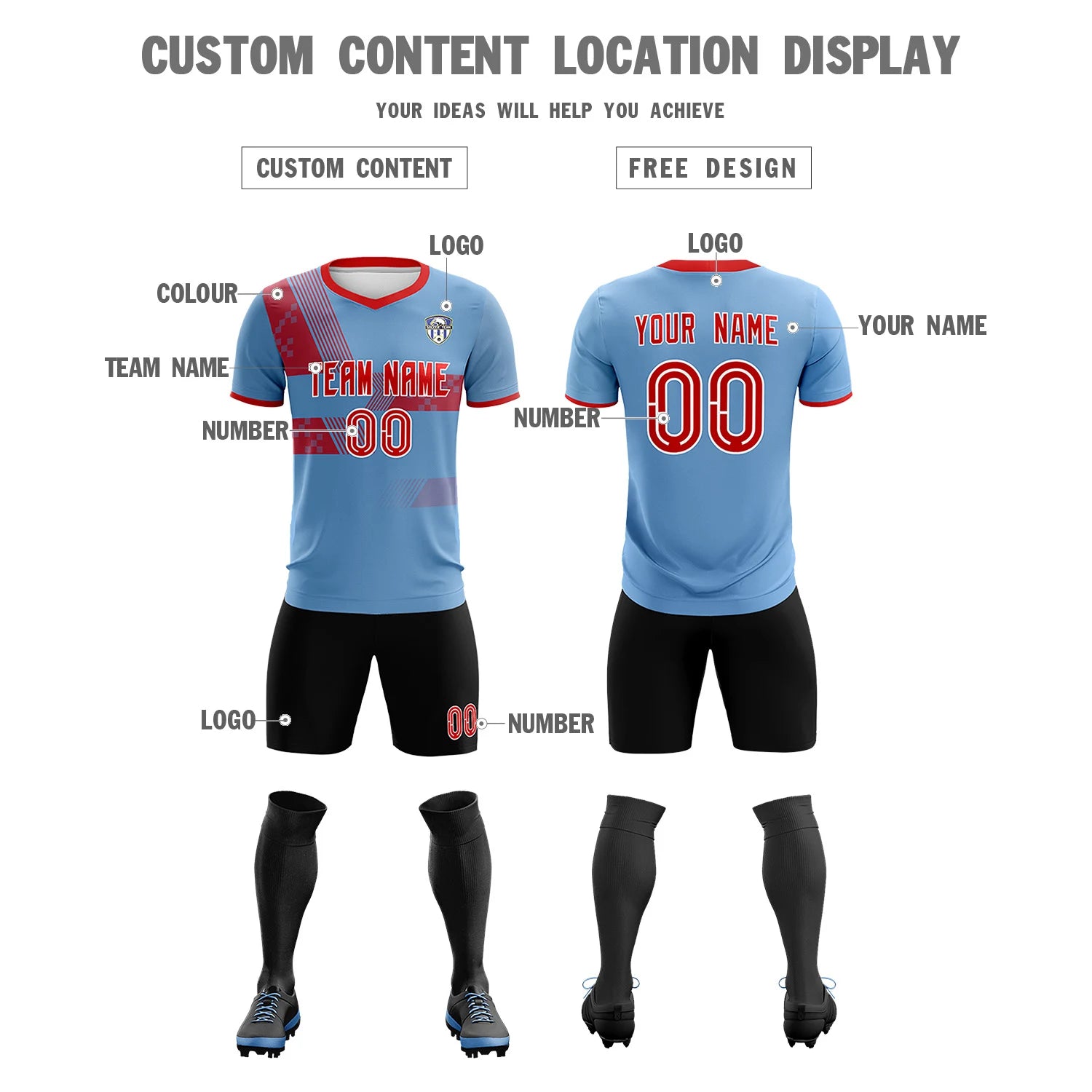 Custom Light Blue Red Training Uniform For Men Soccer Sets Jersey