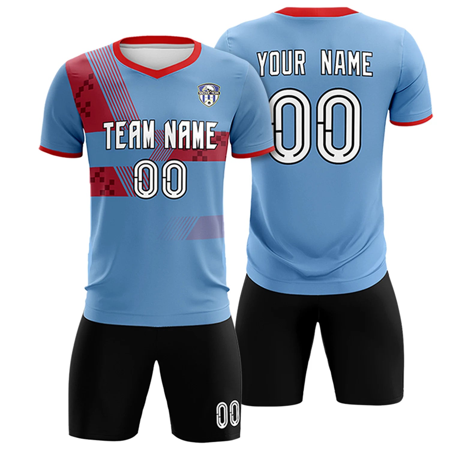 Custom Light Blue Red Training Uniform For Men Soccer Sets Jersey