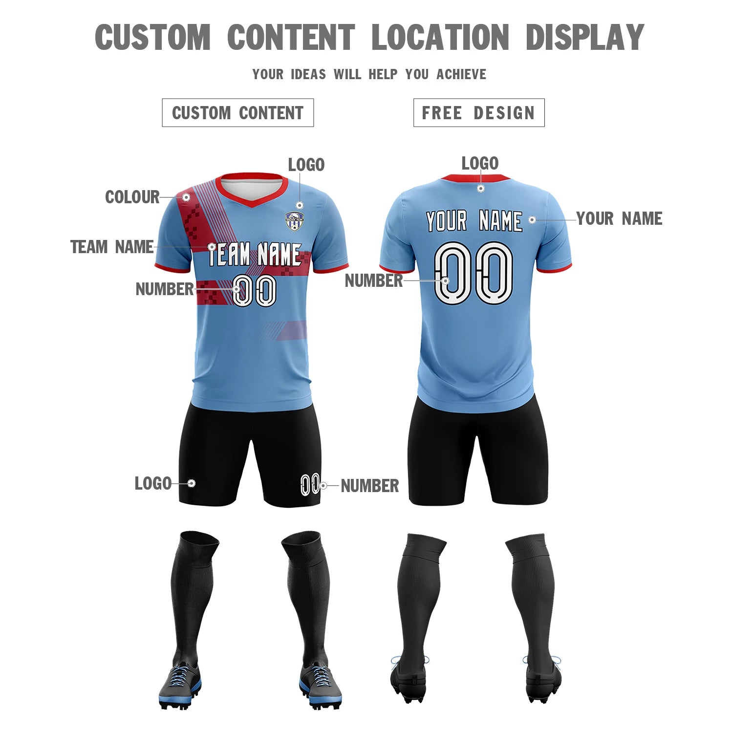 Custom Light Blue Red Training Uniform For Men Soccer Sets Jersey