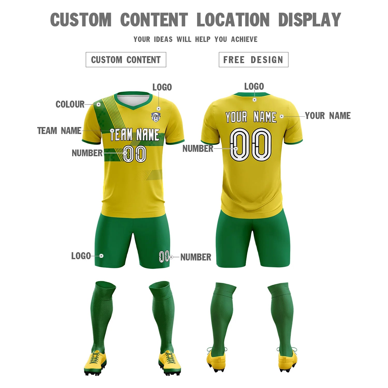 Custom Gold01 Kelly Green Training Uniform For Men Soccer Sets Jersey