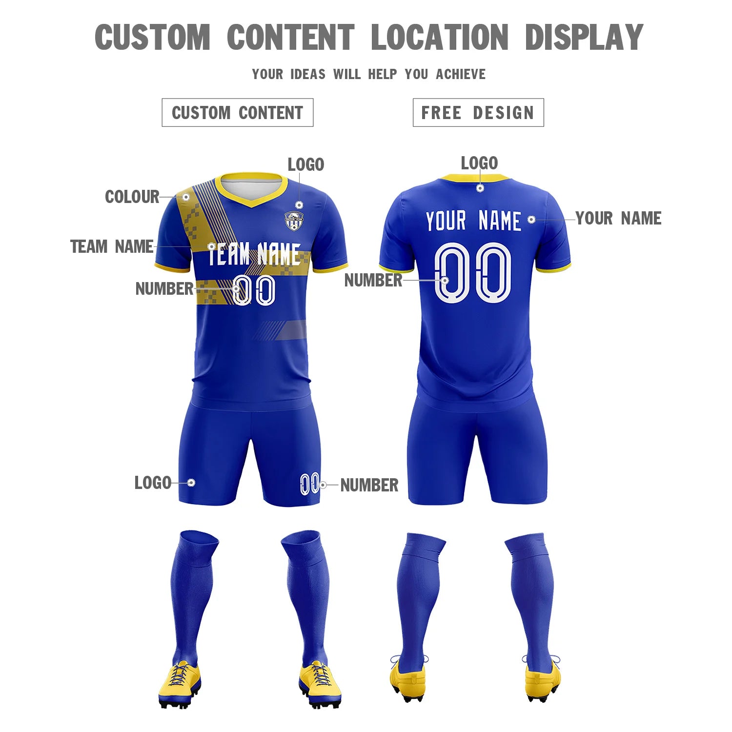 Custom Royal Blue Gold01 Training Uniform For Men Soccer Sets Jersey