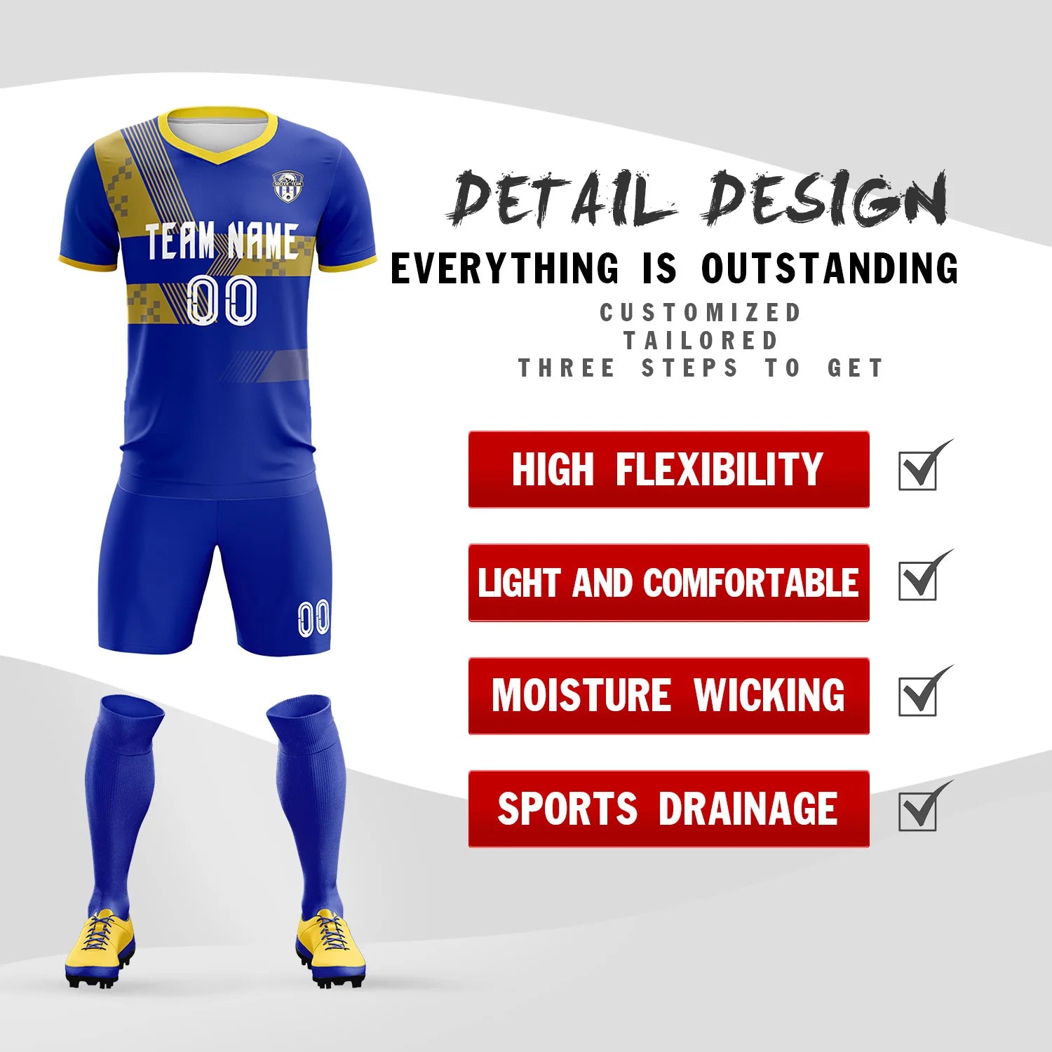 Custom Royal Blue Gold01 Training Uniform For Men Soccer Sets Jersey