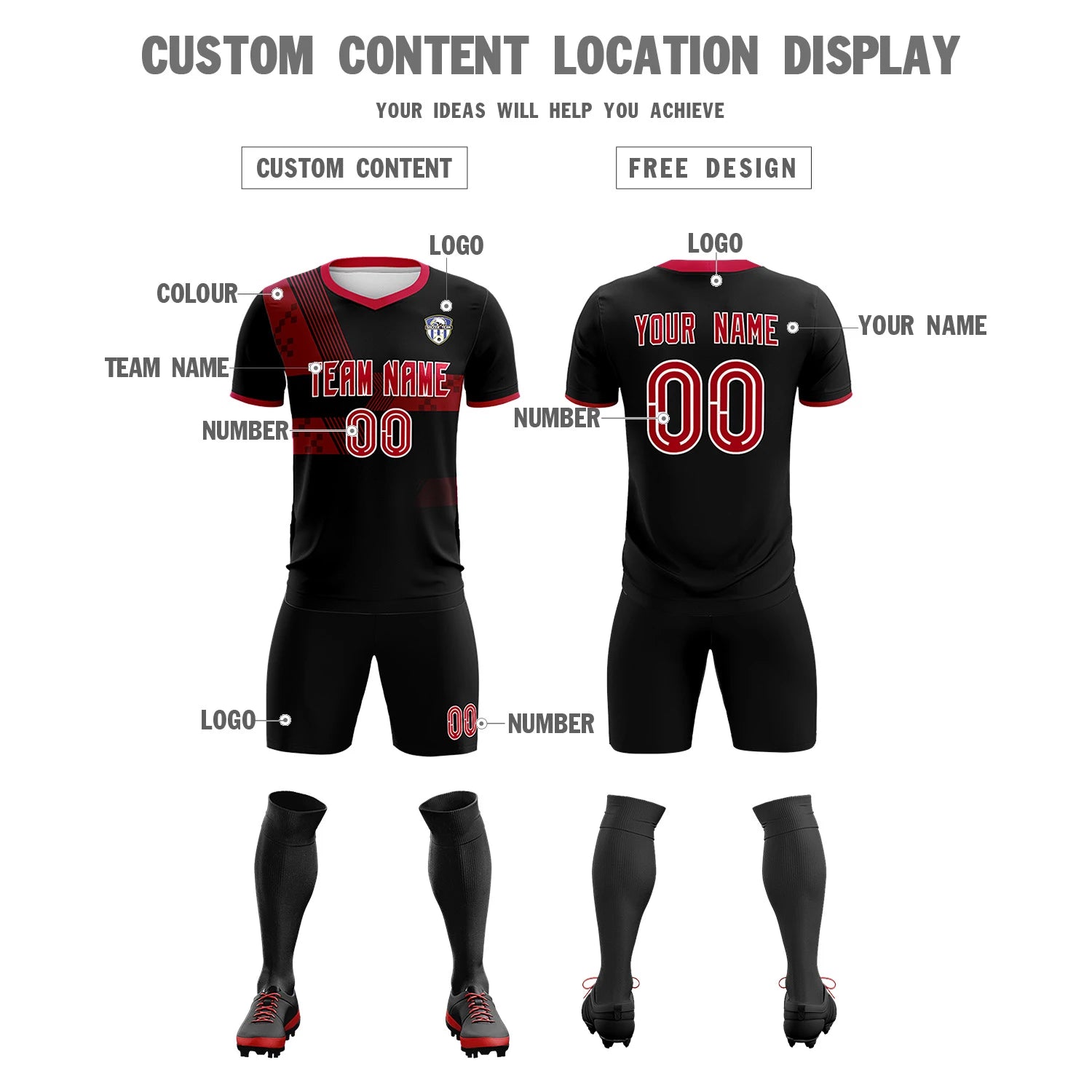 Custom Black Red Training Uniform For Men Soccer Sets Jersey