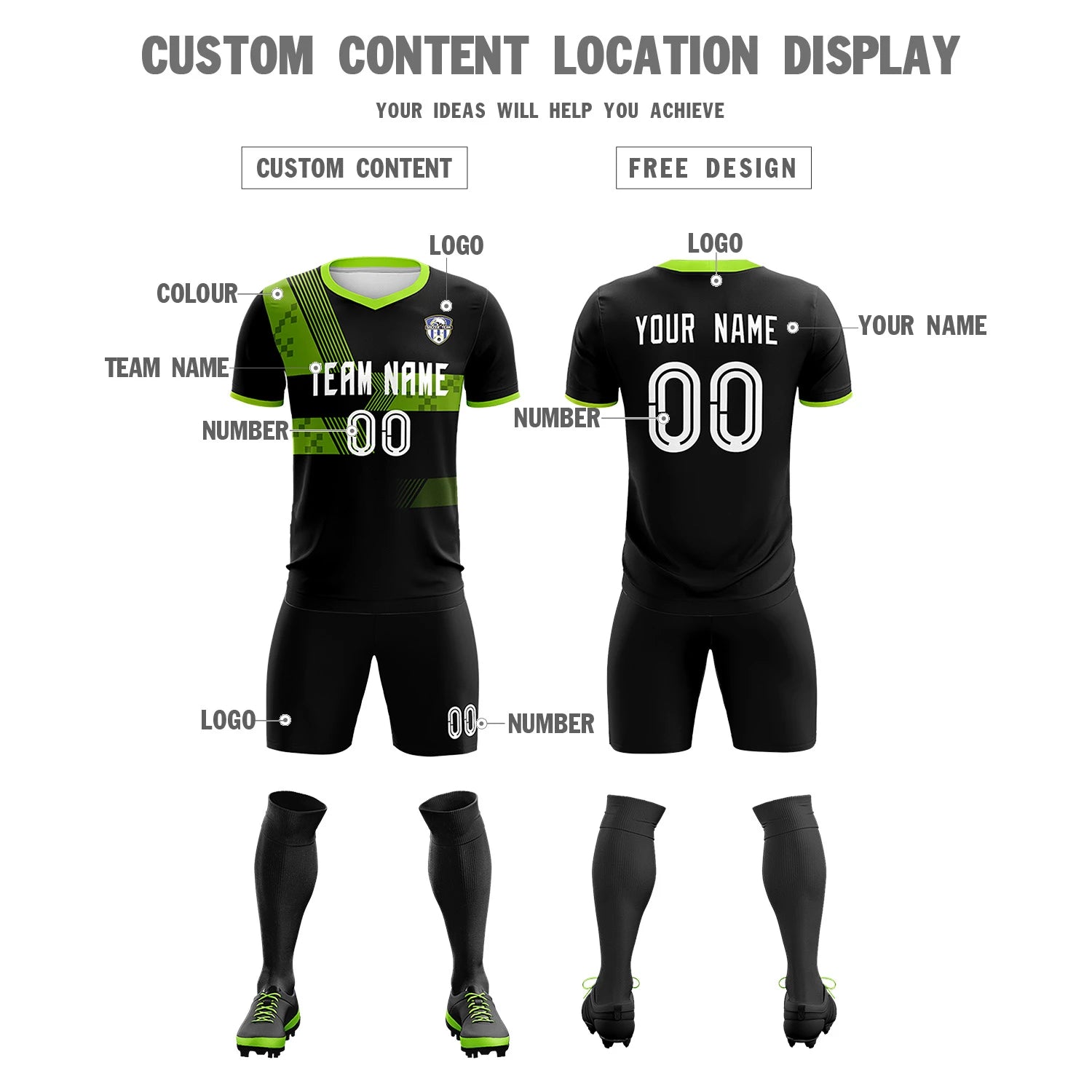 Custom Black Neon Green Training Uniform For Men Soccer Sets Jersey