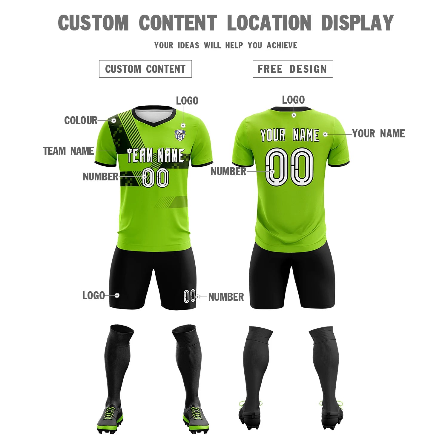 Custom Neon Green Black Training Uniform For Men Soccer Sets Jersey