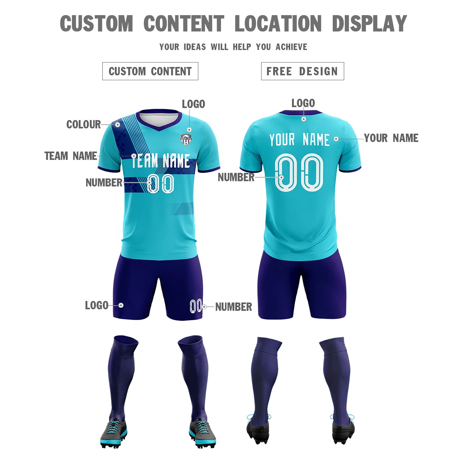 Custom Aqua Purple Training Uniform For Men Soccer Sets Jersey